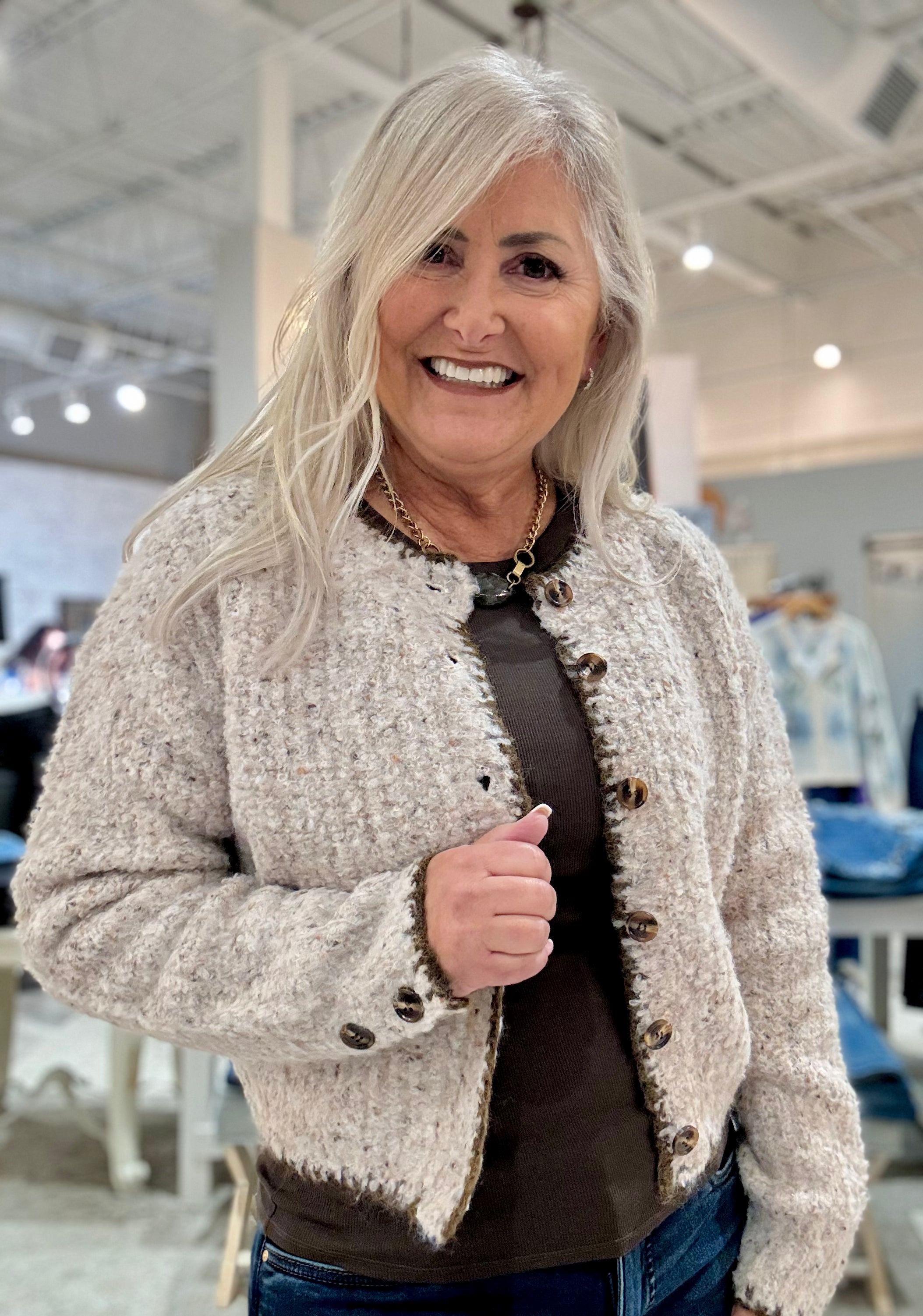 Speckled Yarn Contrast Edge Stitched Down Button Cardigan