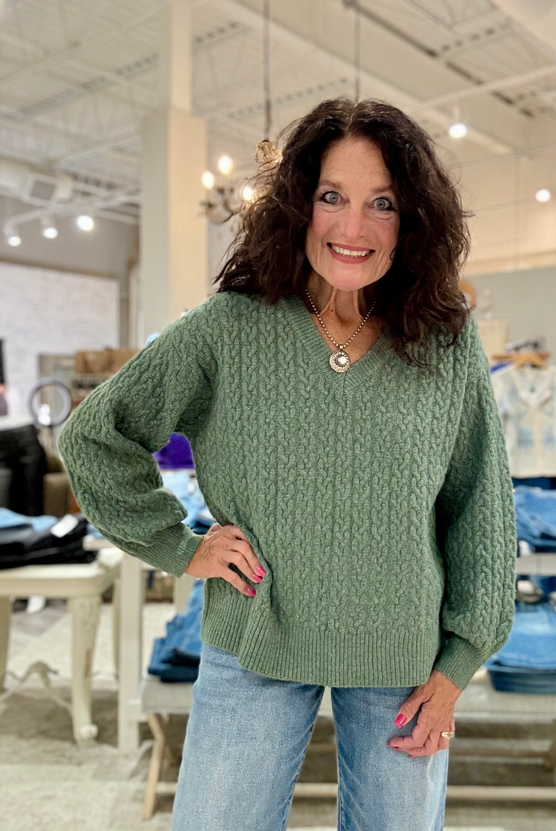 V-Neck Solid Cable Knit Sweater