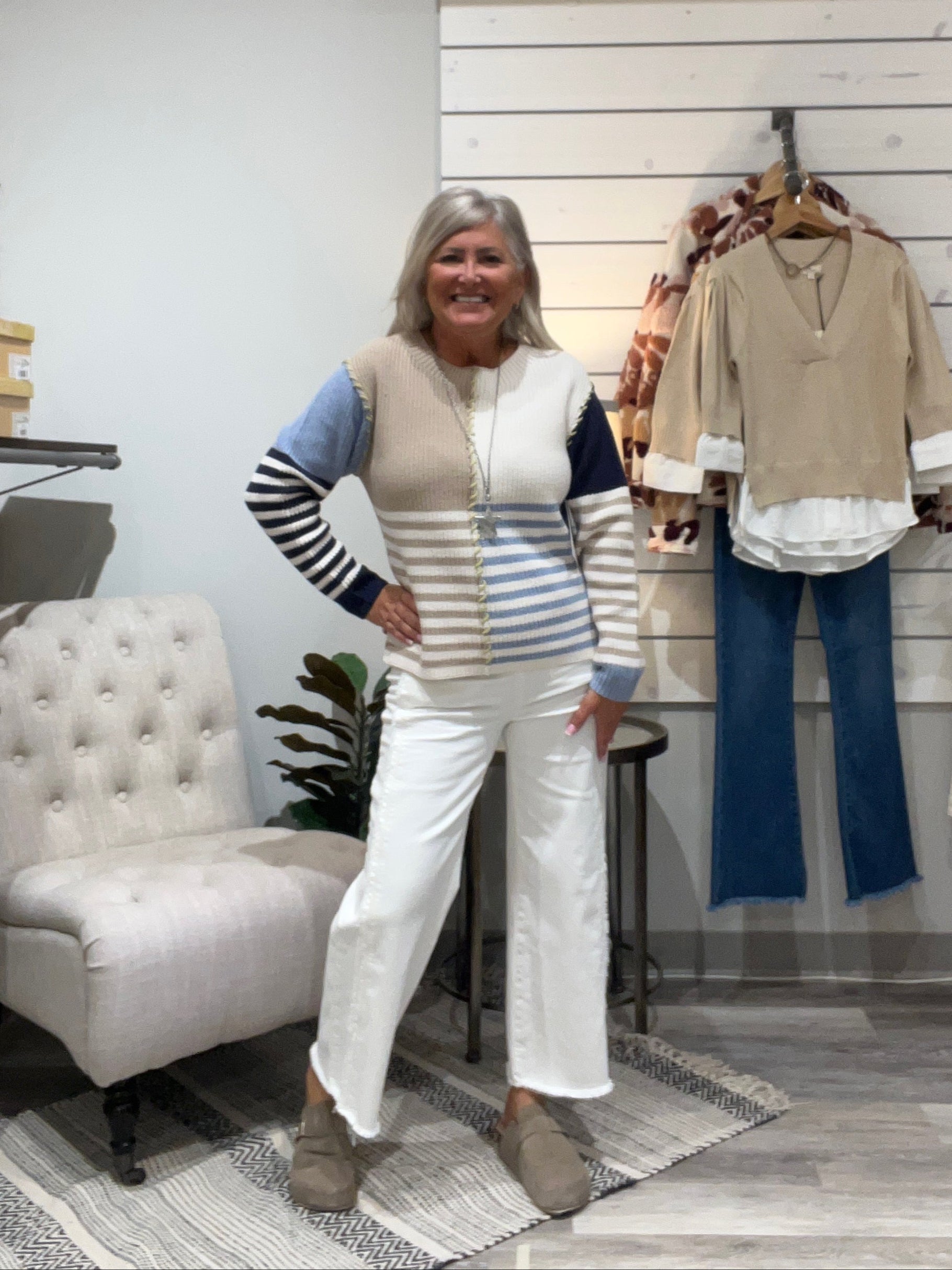 MULTI STRIPE TEXTURED BOAT NECK SWEATER