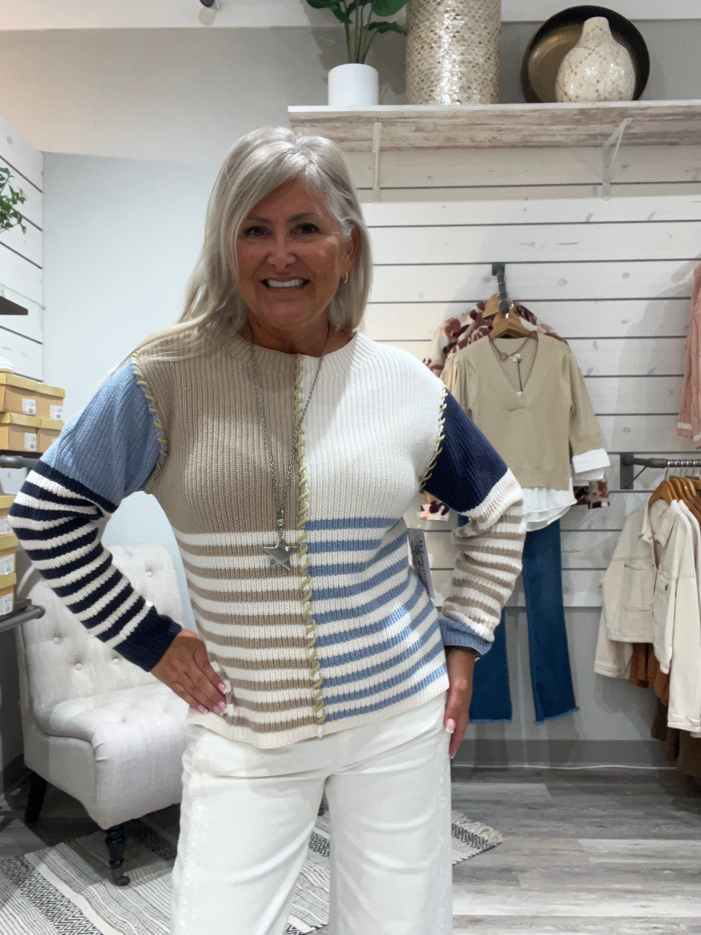 MULTI STRIPE TEXTURED BOAT NECK SWEATER