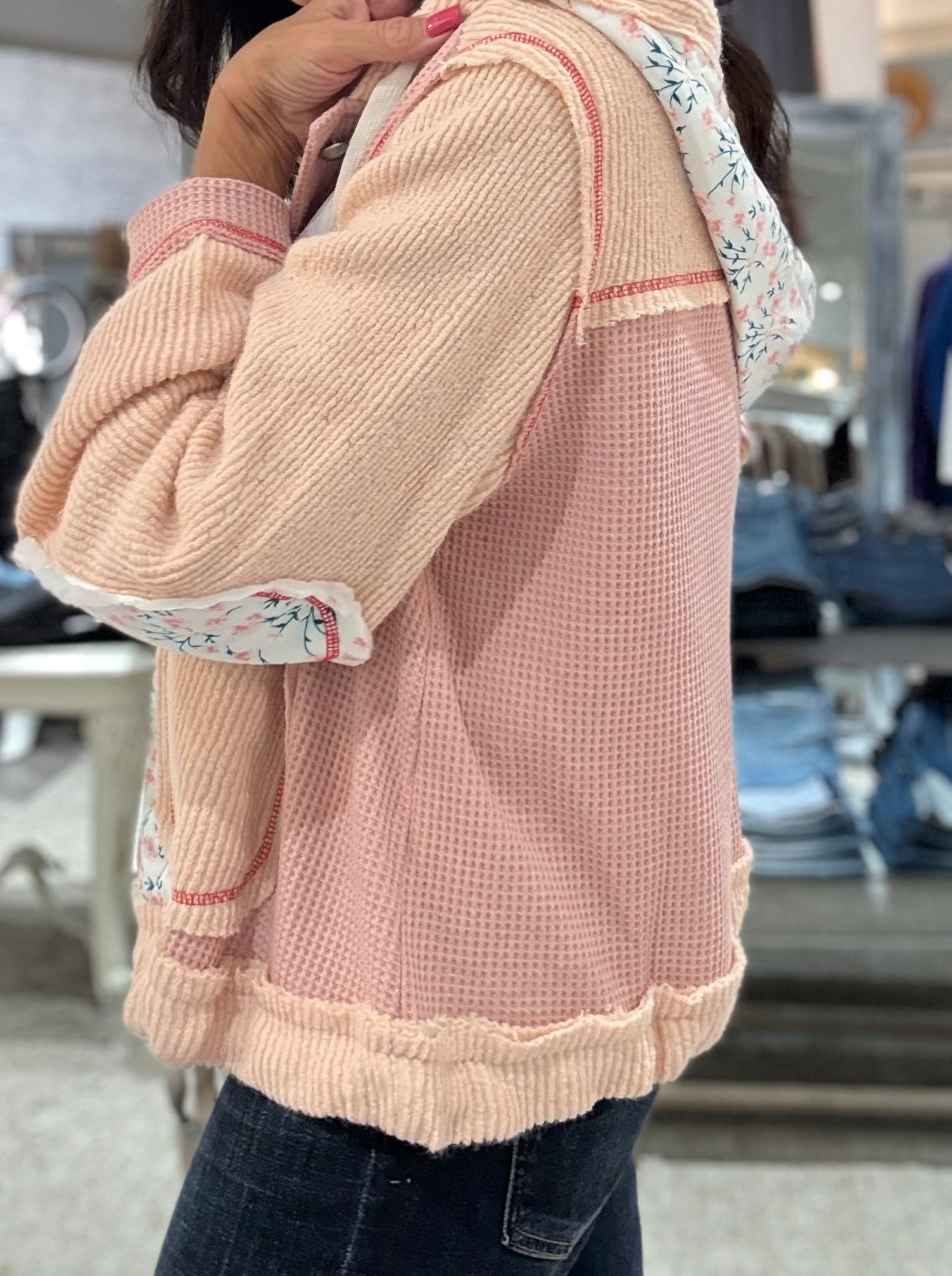 Floral Pattern Mixed Fabrication Jacket with Hood