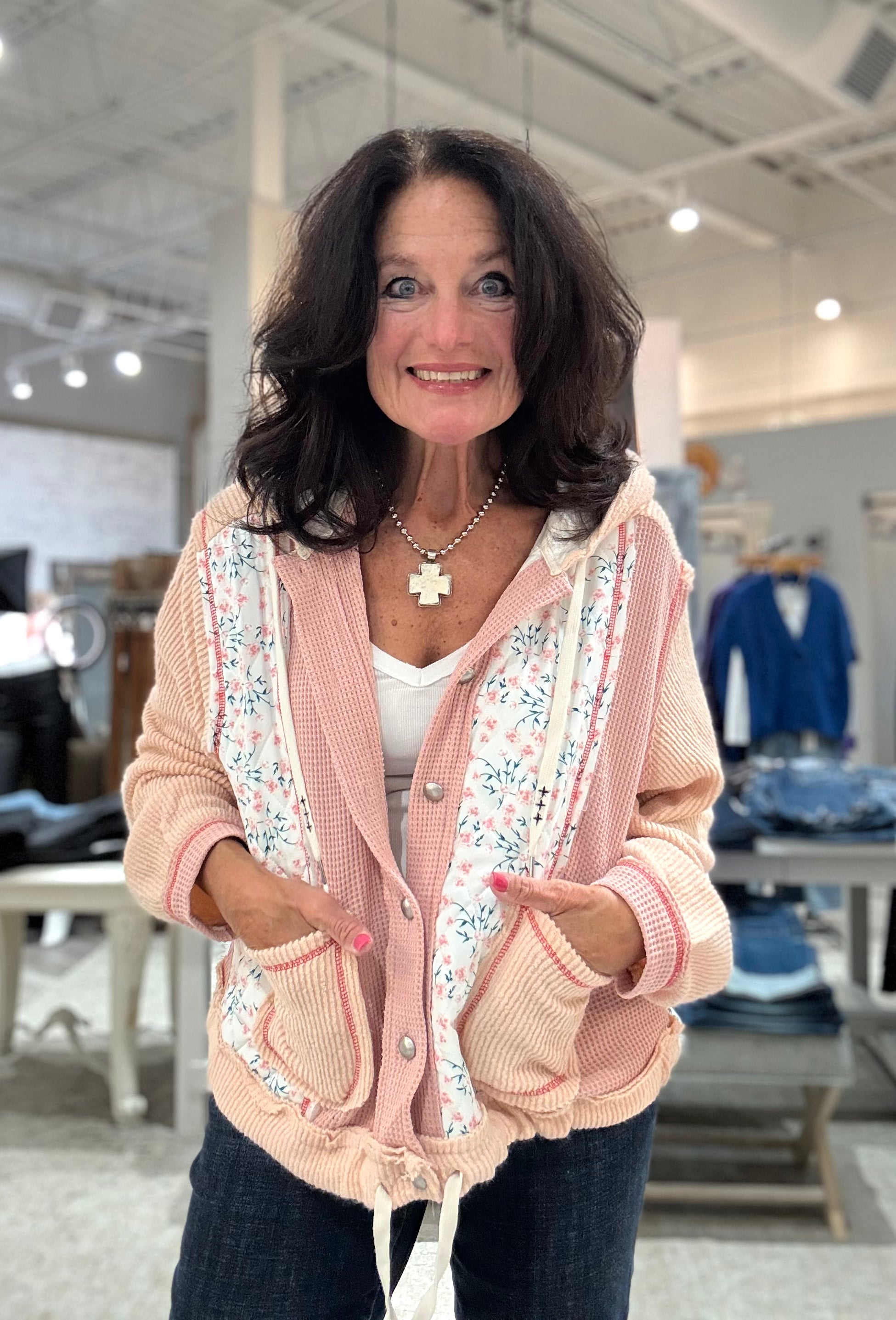 Floral Pattern Mixed Fabrication Jacket with Hood