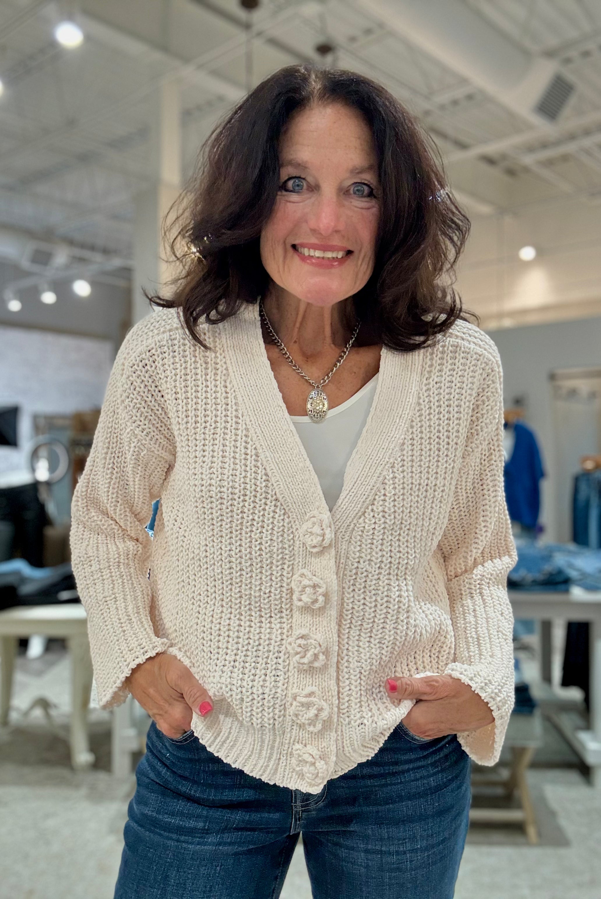 V-Neck Chenille Cardigan with Flower Buttons