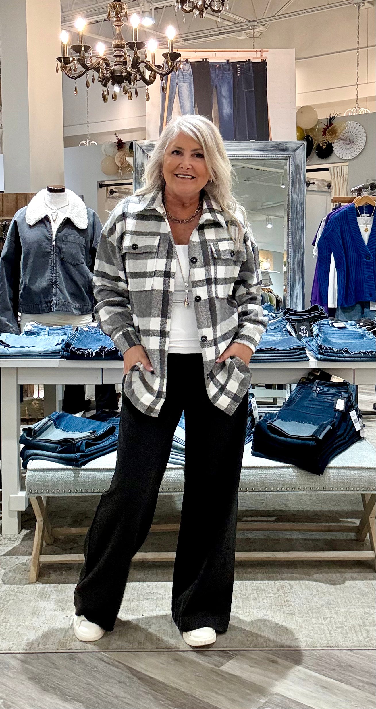 Plaid Button Flannel Shirt Jacket- black/white