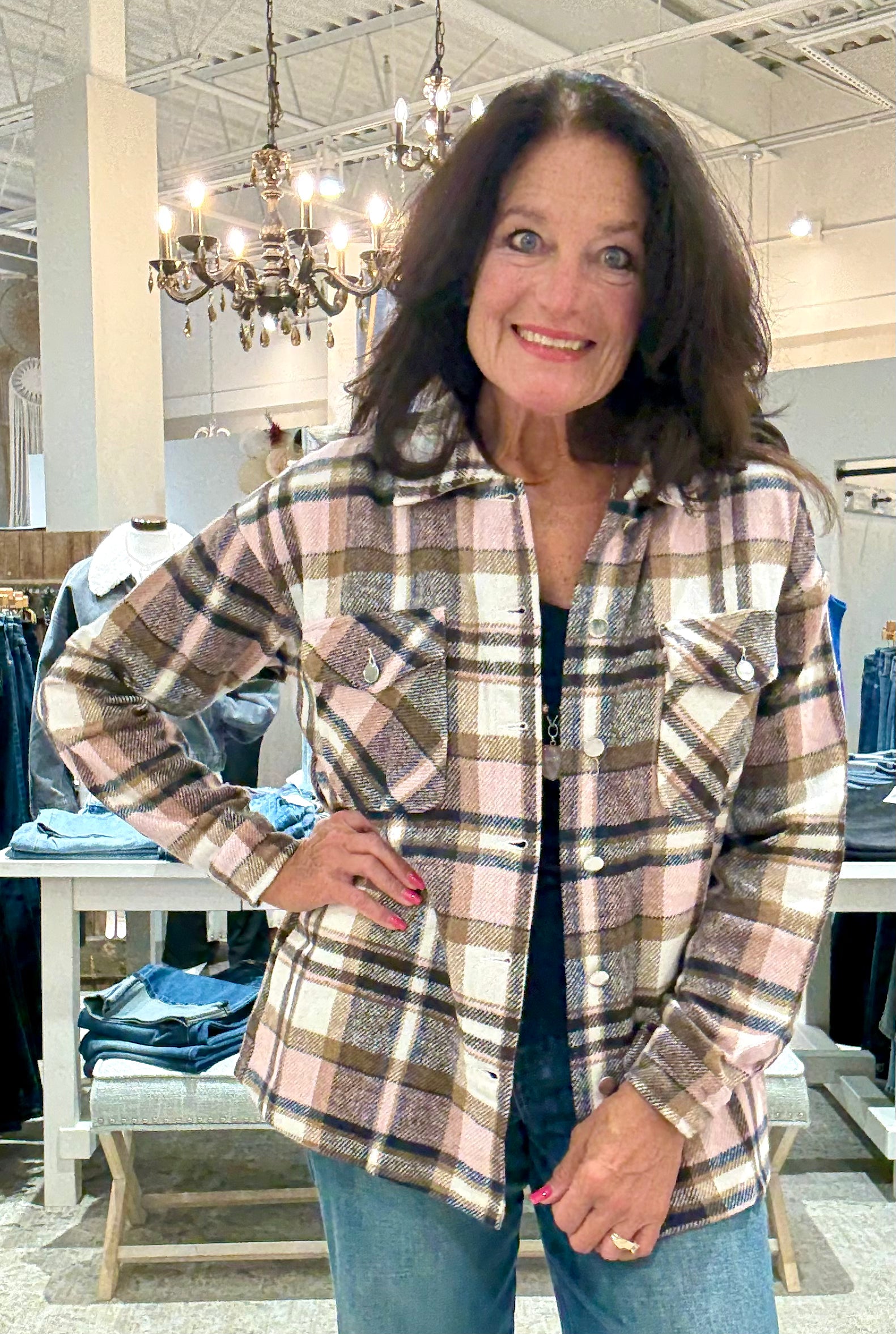 Casual Geometric Plaid Print Pocketed Shacket-pink