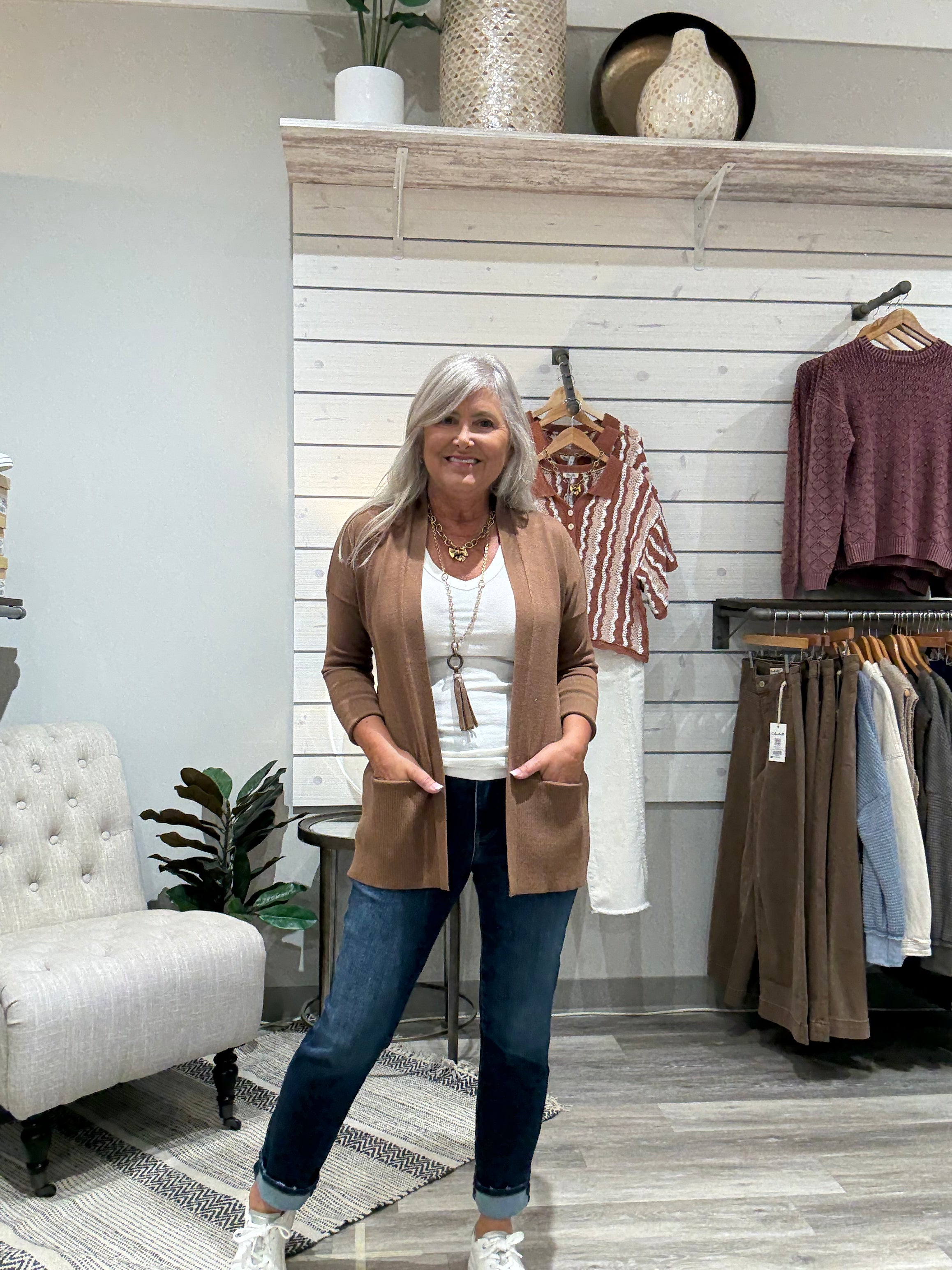 Long Sleeve Open Front Cardigan with Pockets- wood