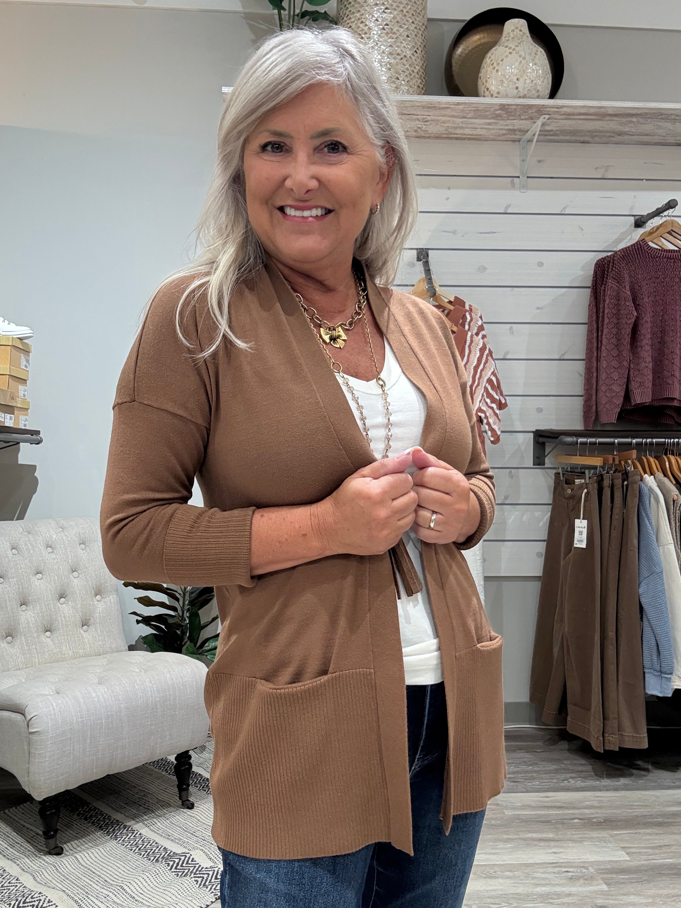 Long Sleeve Open Front Cardigan with Pockets- wood