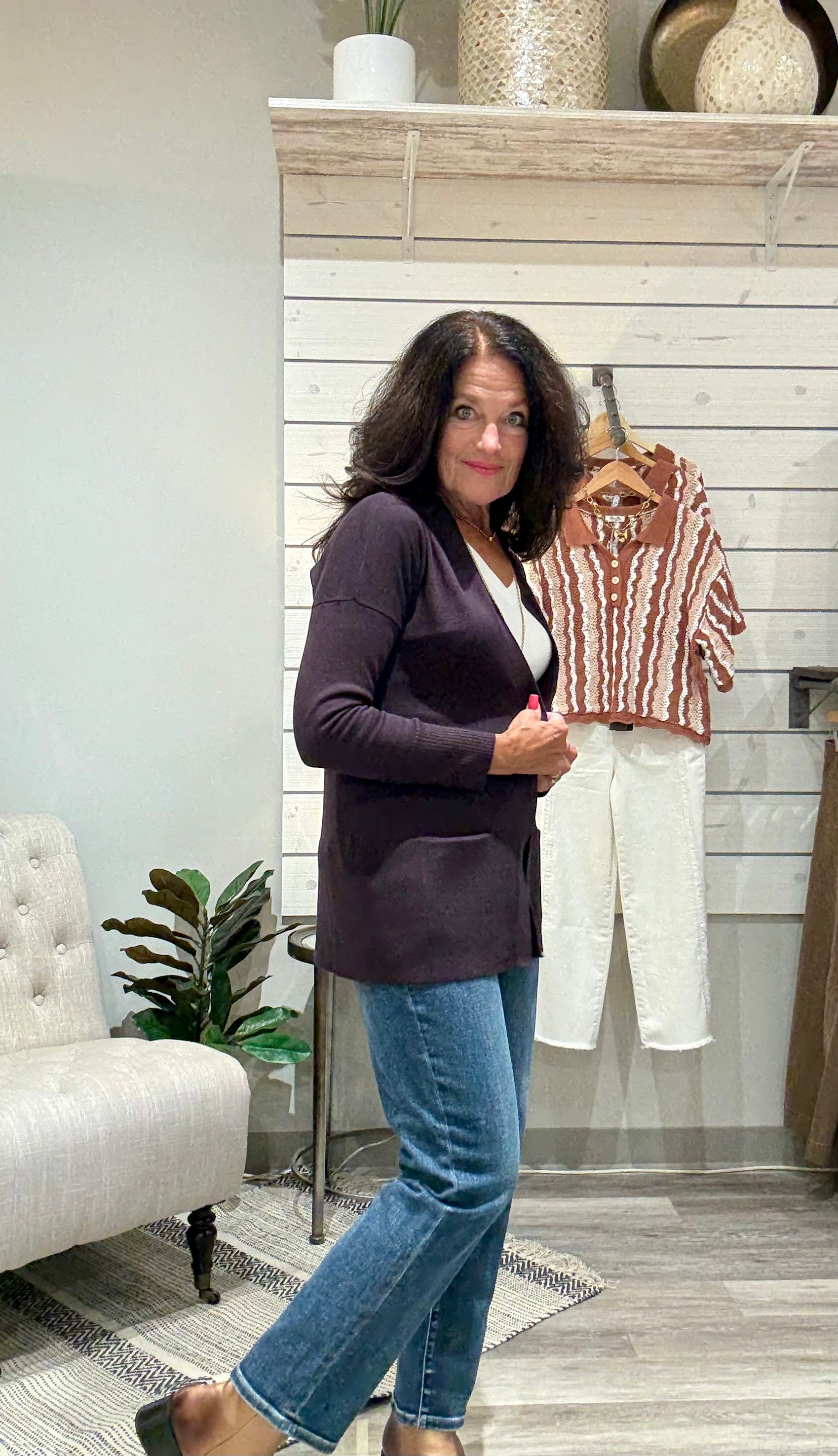 Long Sleeve Open Front Cardigan with Pockets- chocolate