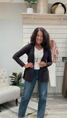 Long Sleeve Open Front Cardigan with Pockets- chocolate