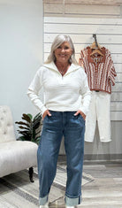 Zip Up V-Neck Sweater- egg shell