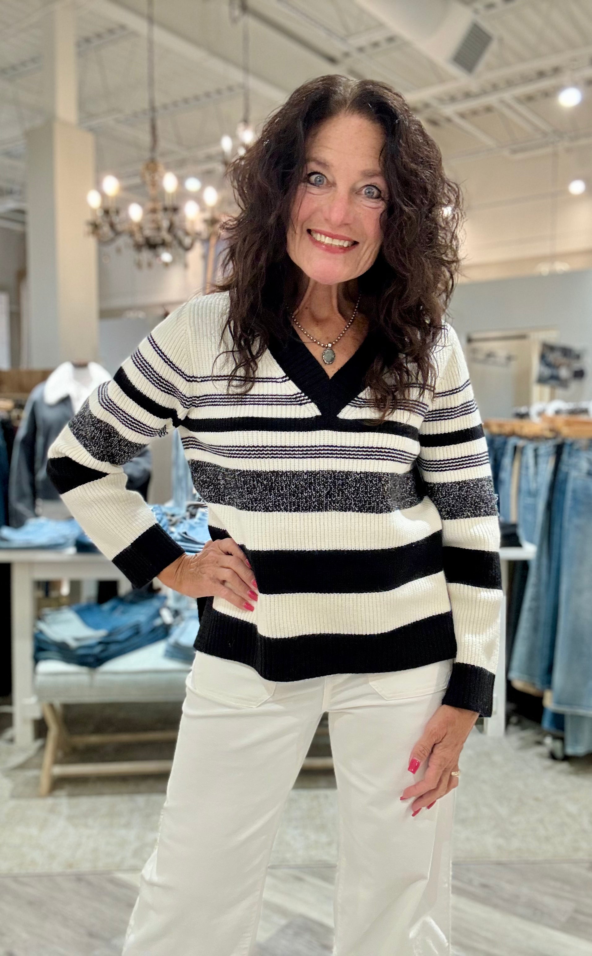 Long Sleeve V-Neck Striped Sweater