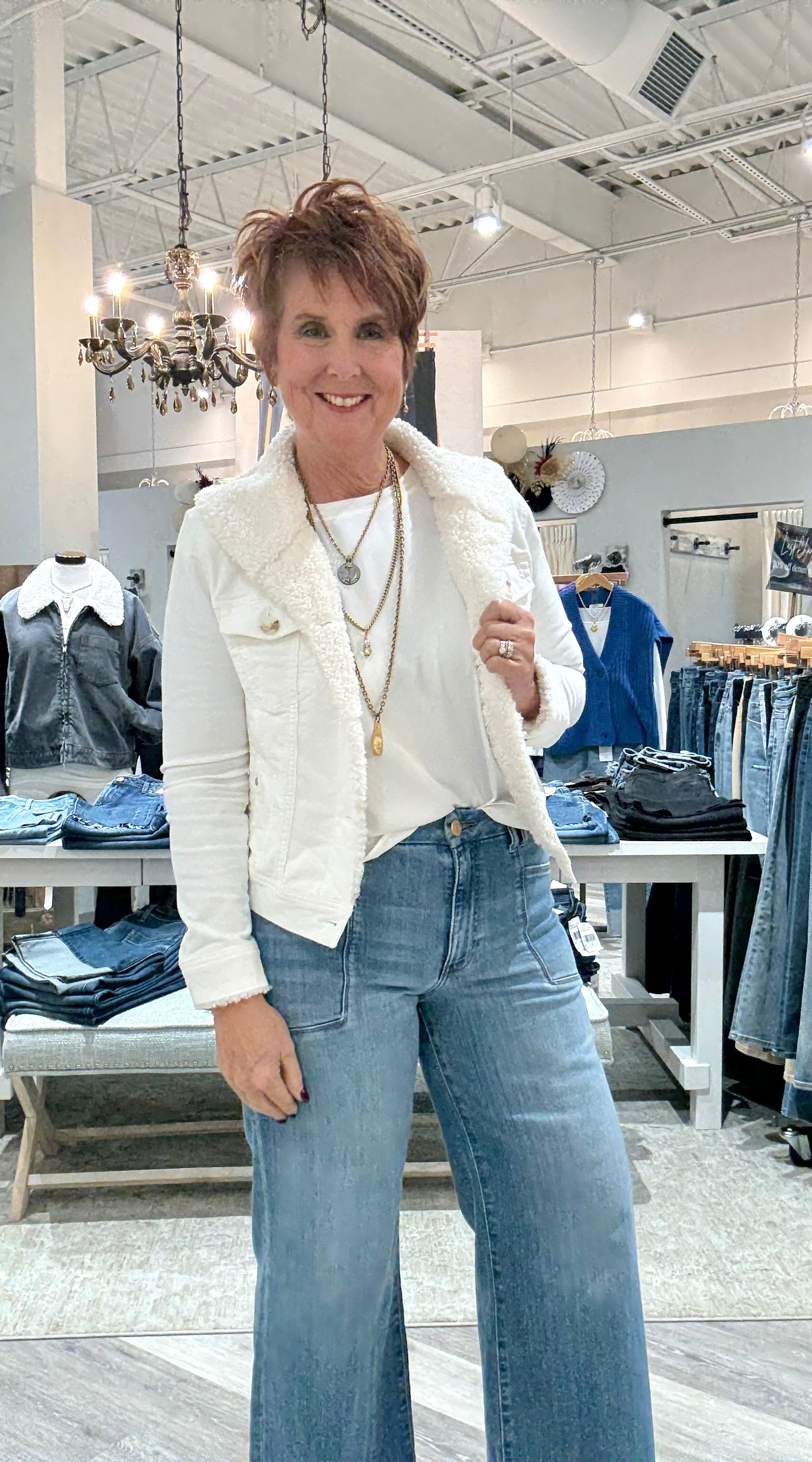 Meg High Rise Wide Leg Denim with Front Pockets and Inset Raw Hem