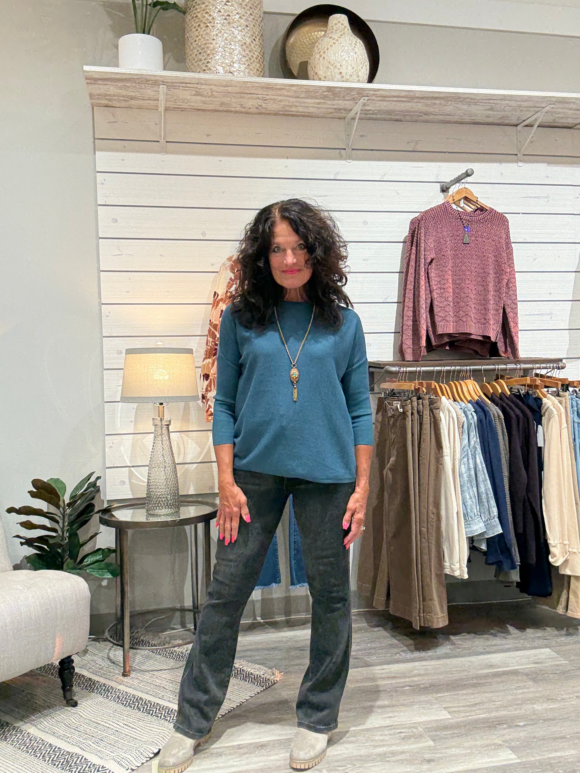 Oversized Crew Neck Pullover Sweater with Rib Sleeves- Atlantic deep