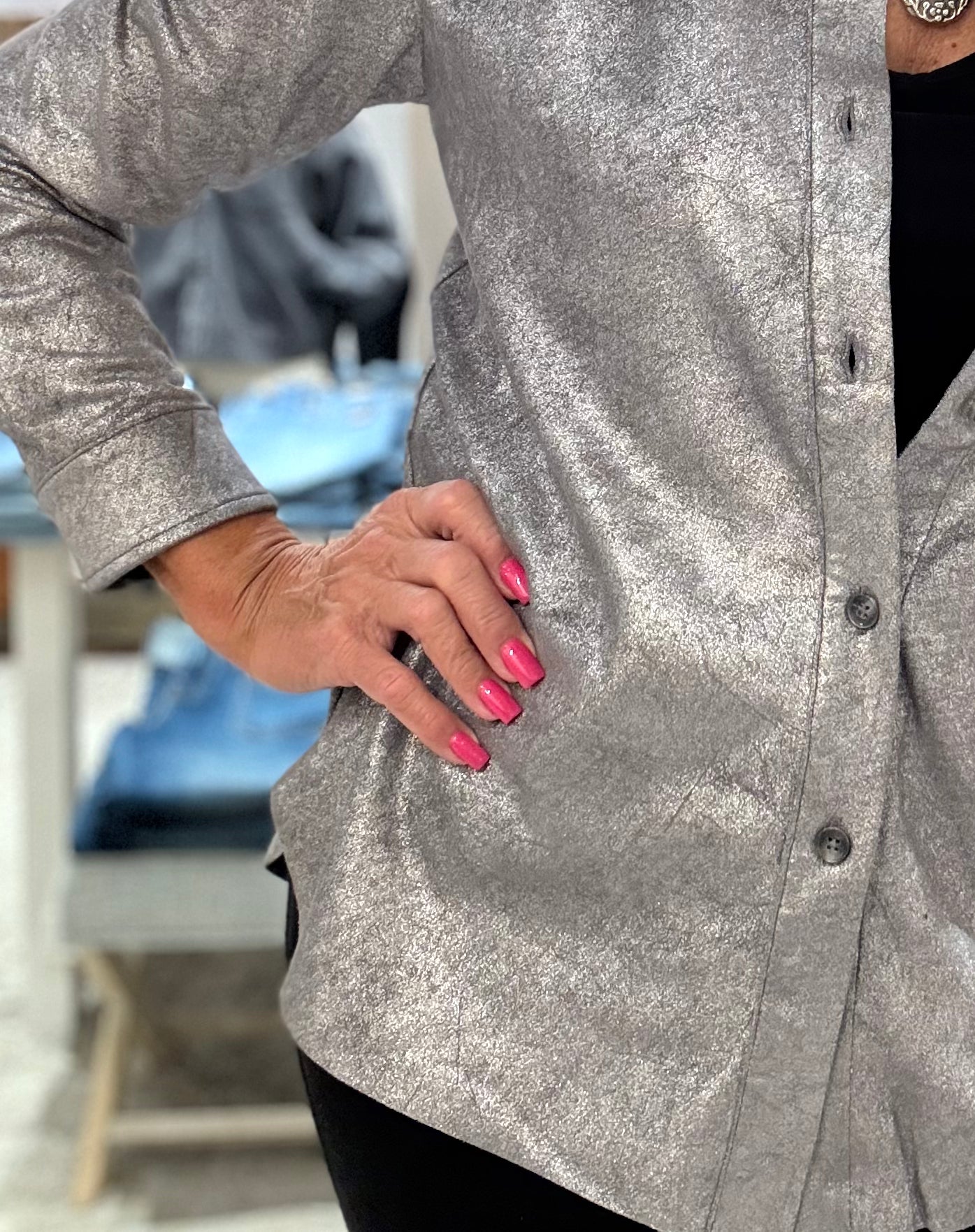 Connie Patent Foil Vegan Suede Shacket