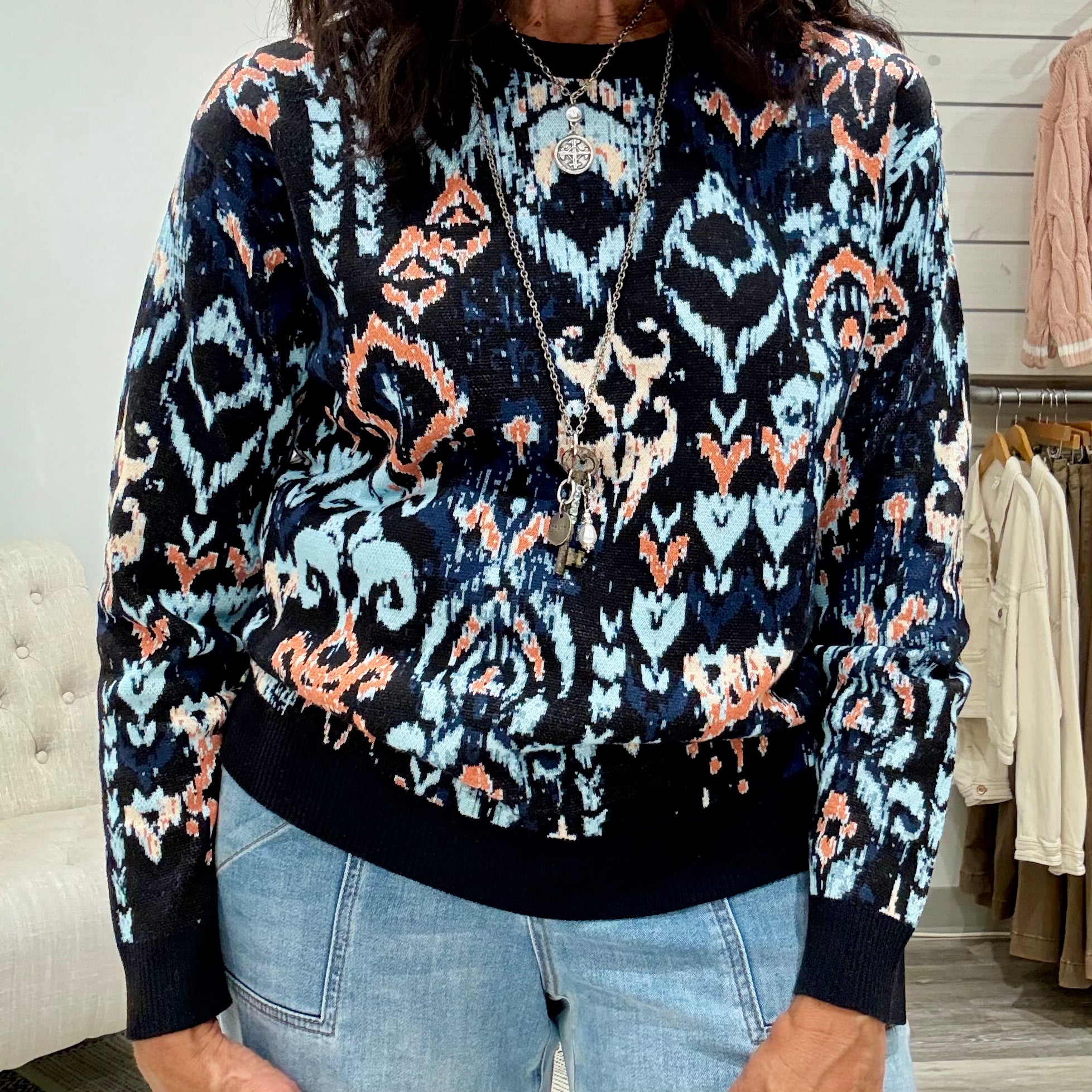 Long Sleeve Crew Neck Dropped Shoulder Jacquard Sweater