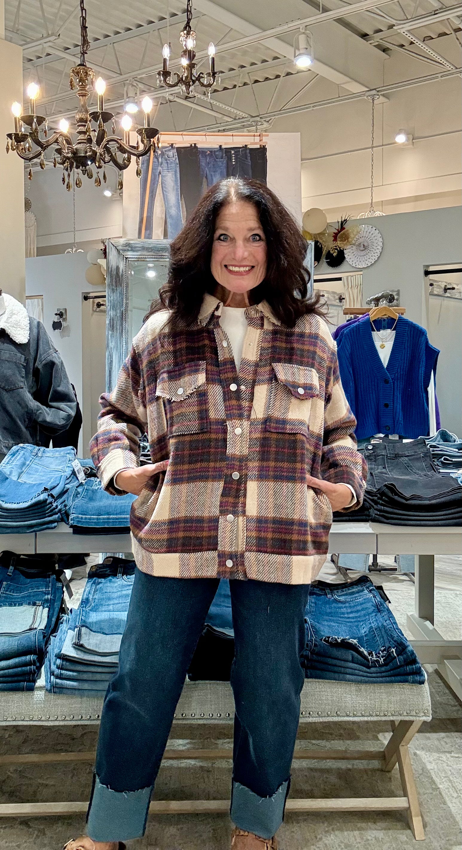 Loose Fit Snap Button Plaid Jacket with Pockets-cocoa