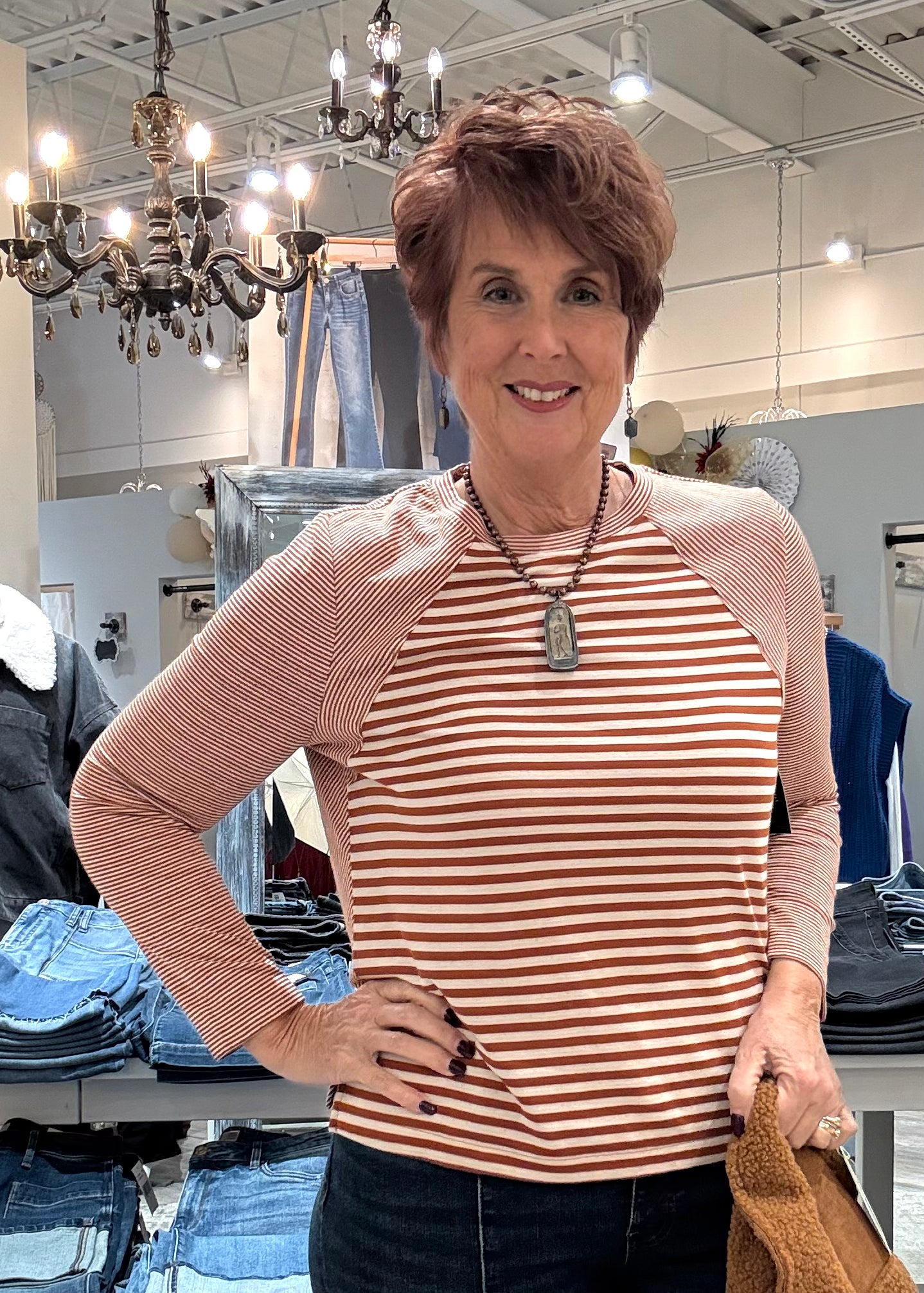 Long Sleeve Crew Neck Stripe Knit Top with Seaming Detail