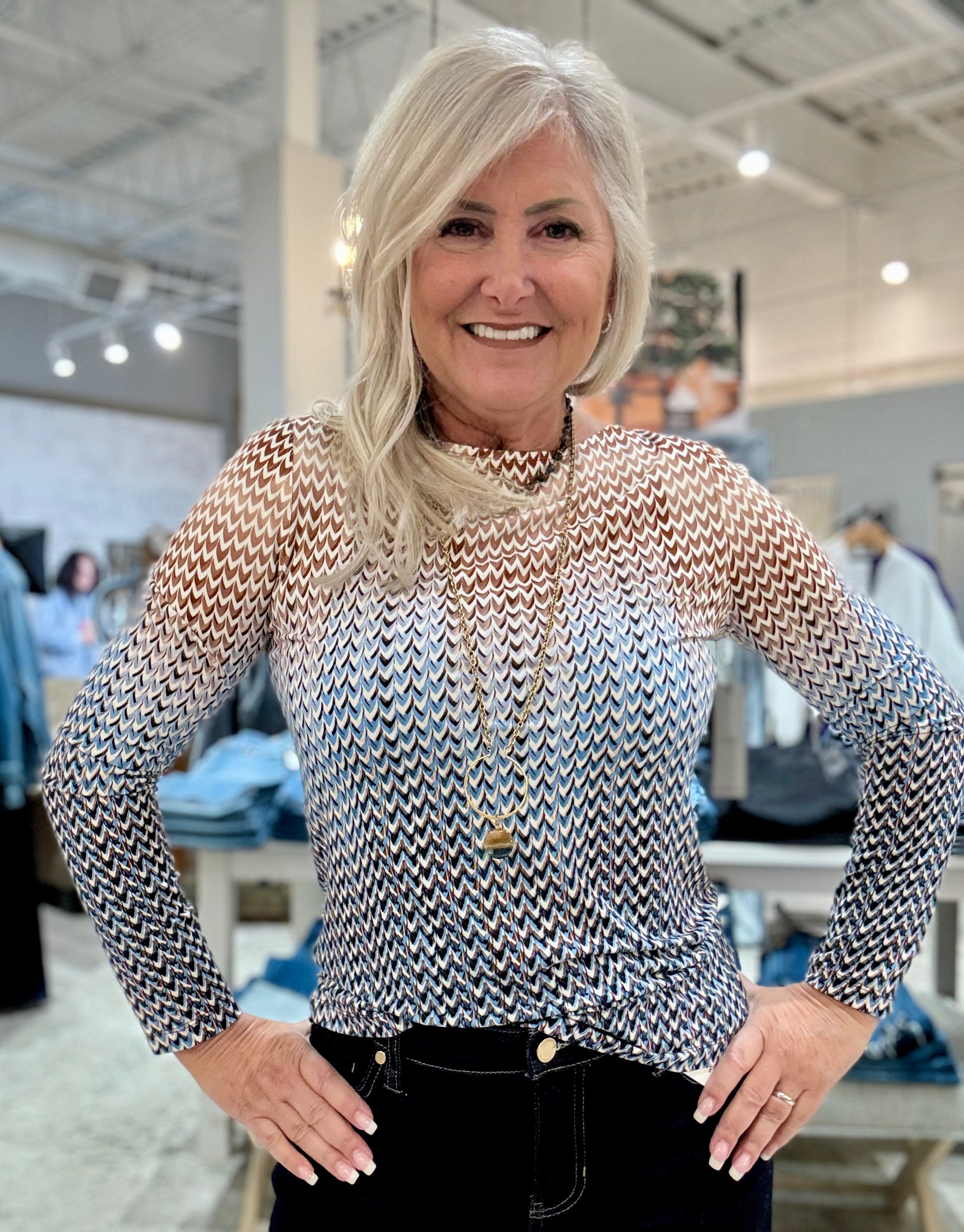 Long Sleeve Boat Neck Printed Knit Top