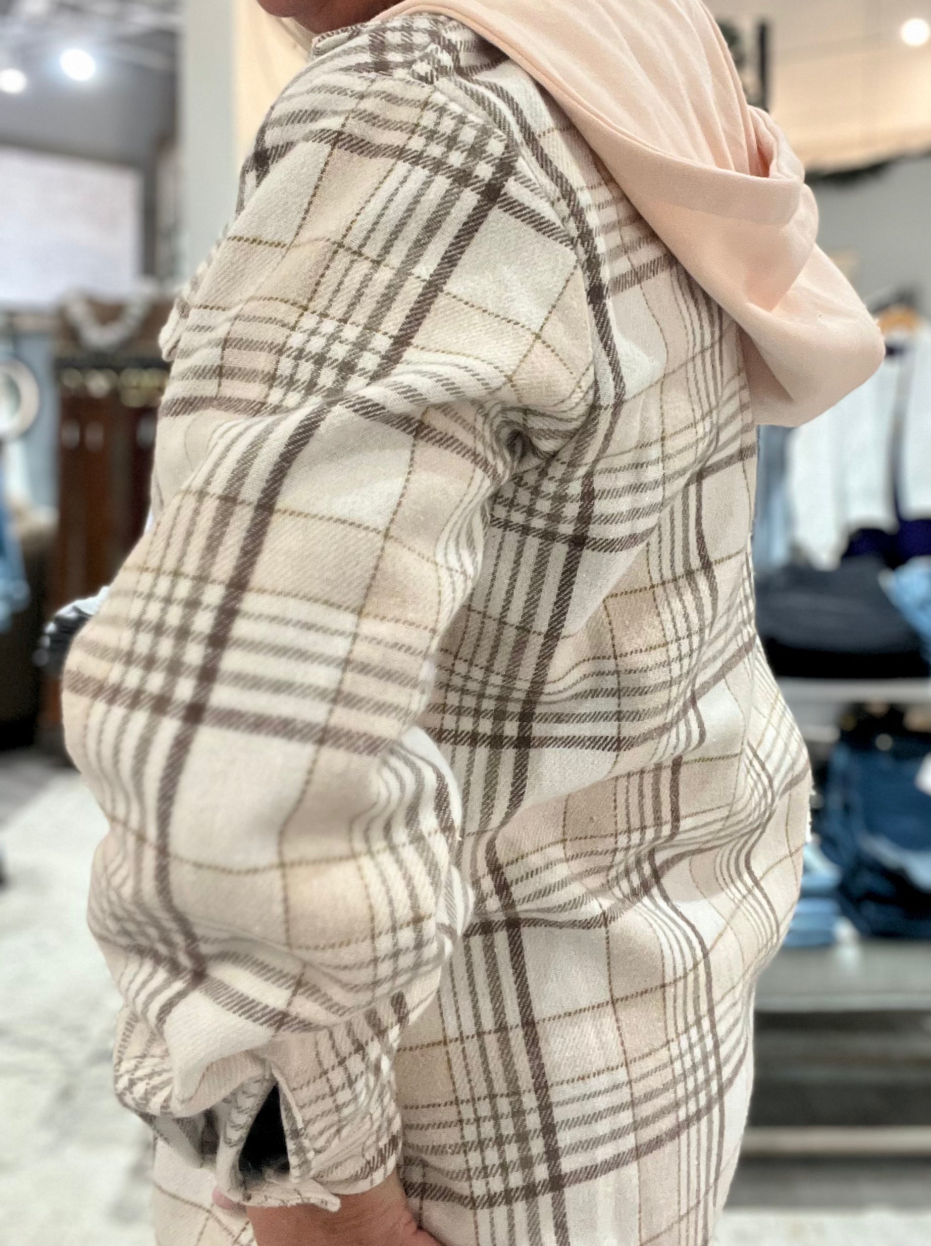 Khaki Plaid Buttoned Shacket with Removable Hood