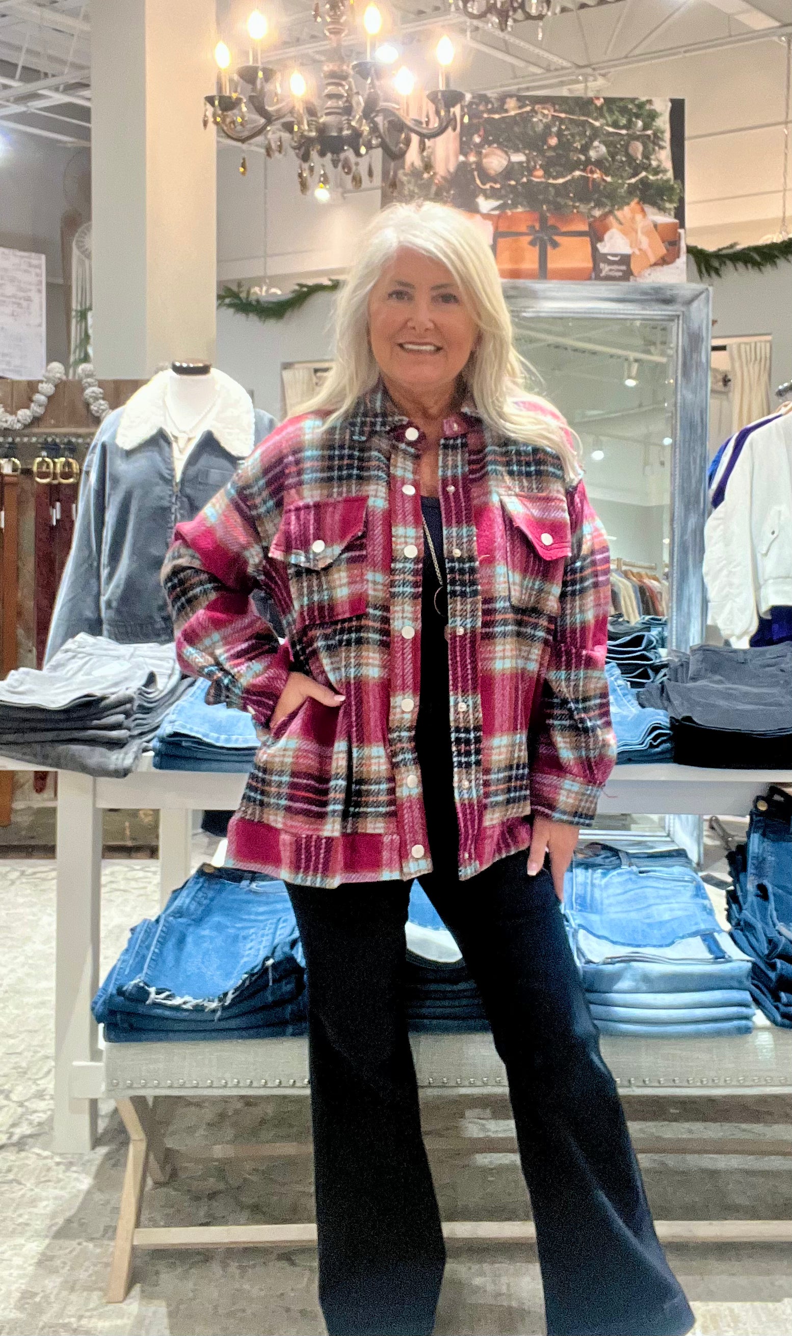 Loose Fit Snap Button Plaid Jacket with Pockets- plum