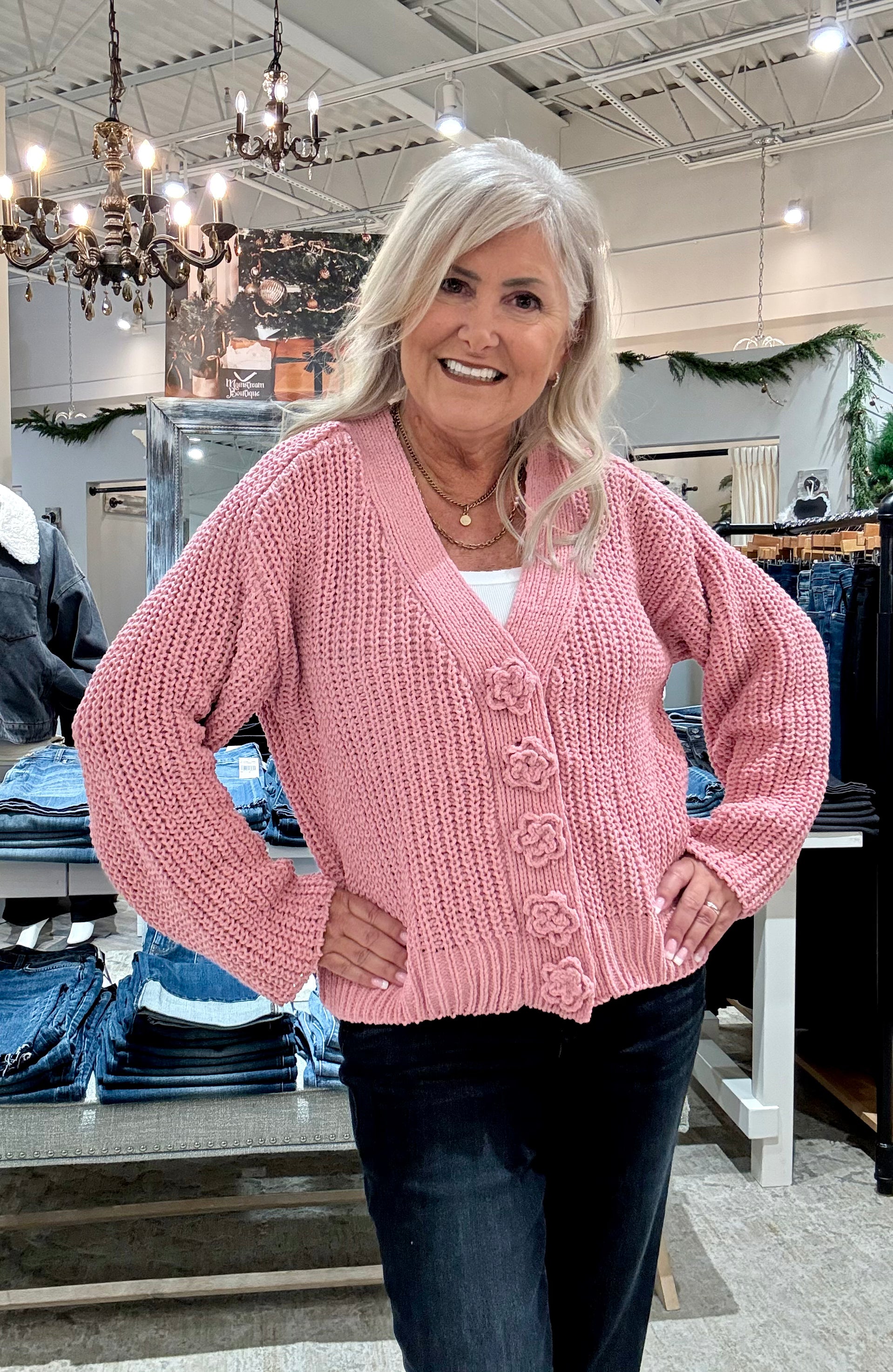 V-Neck Chenille Cardigan with Flower Buttons- pink