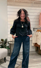 Embroidered 3/4 Sleeve Knit Woven Top