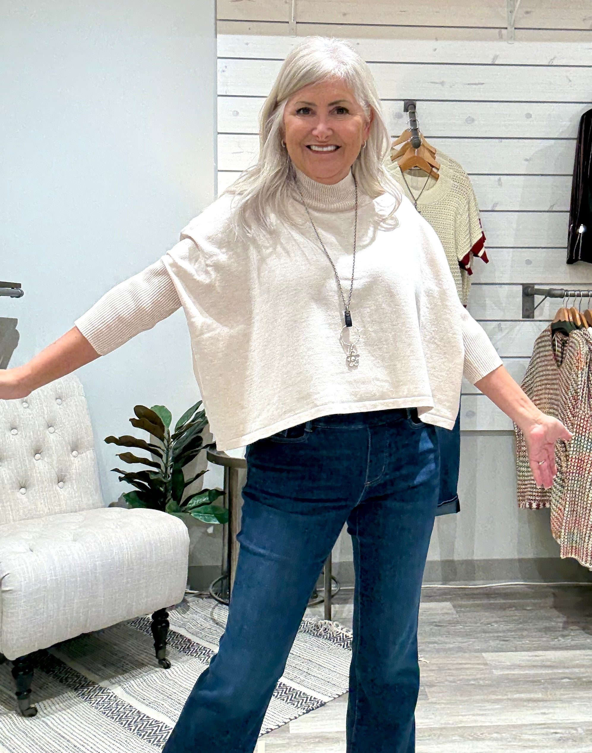 Boxy Mock Neck 3/4 Sleeve Top with Rib Hem- ecru