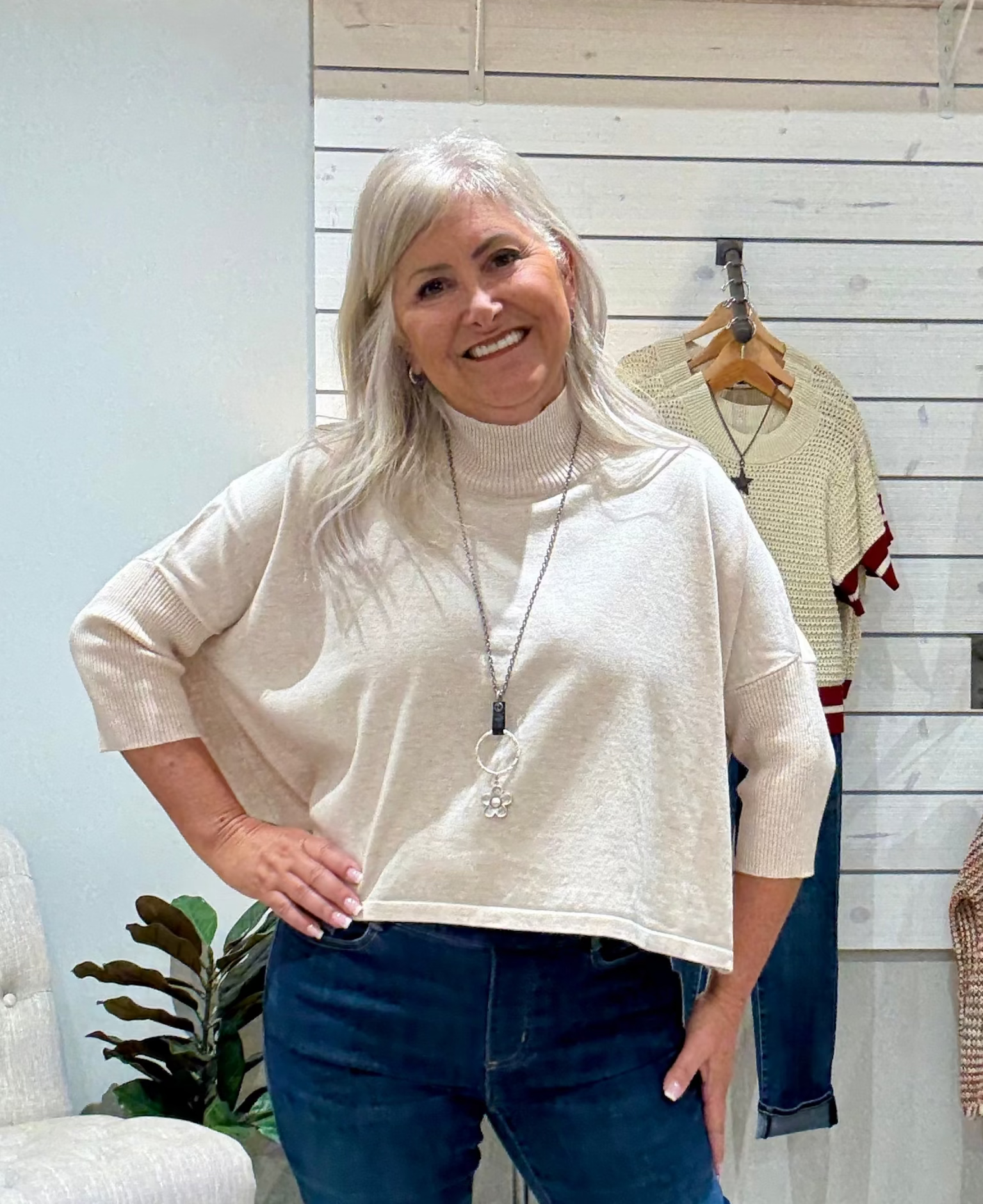 Boxy Mock Neck 3/4 Sleeve Top with Rib Hem- ecru