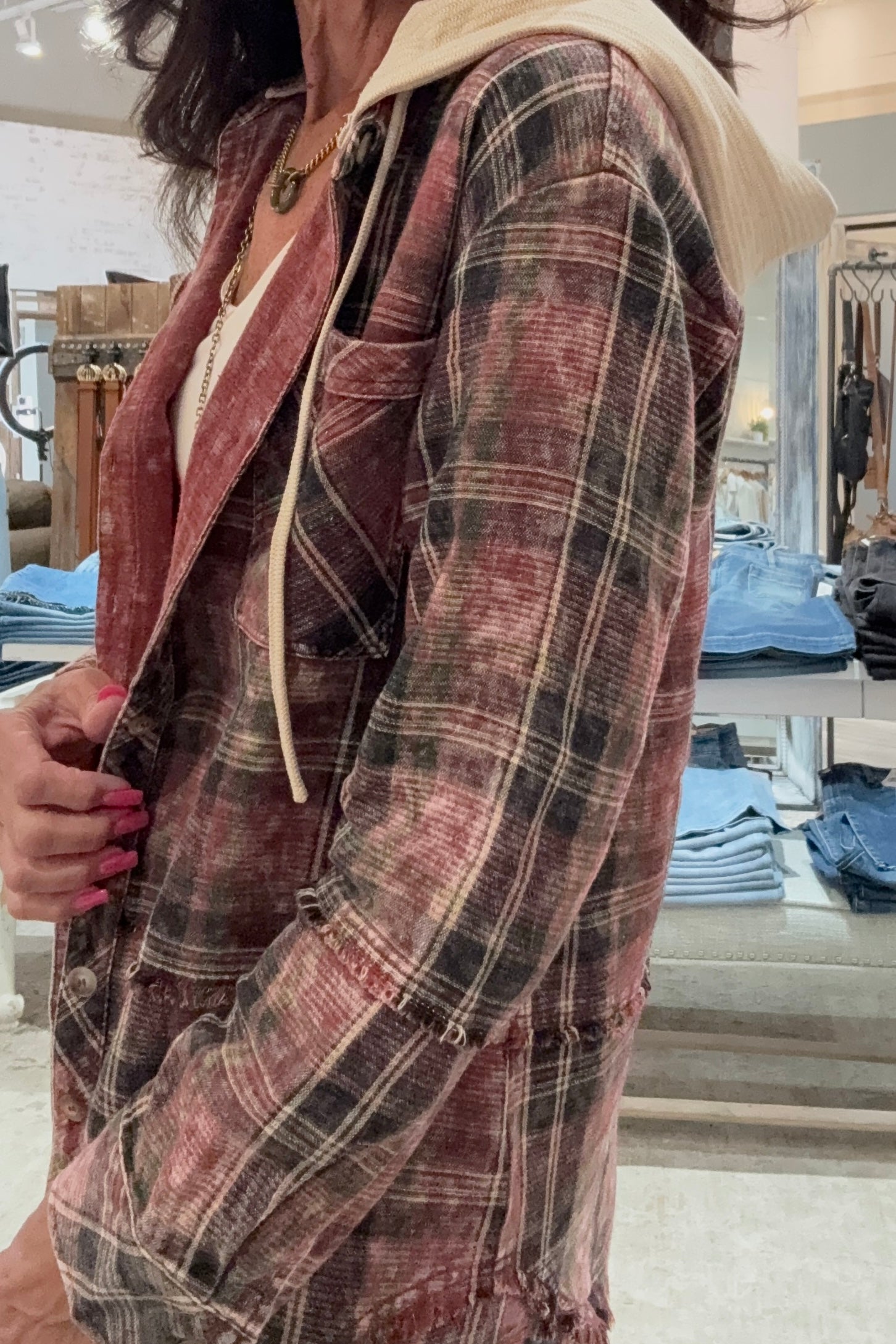 Washed Plaid Hoodie Jacket- merlot