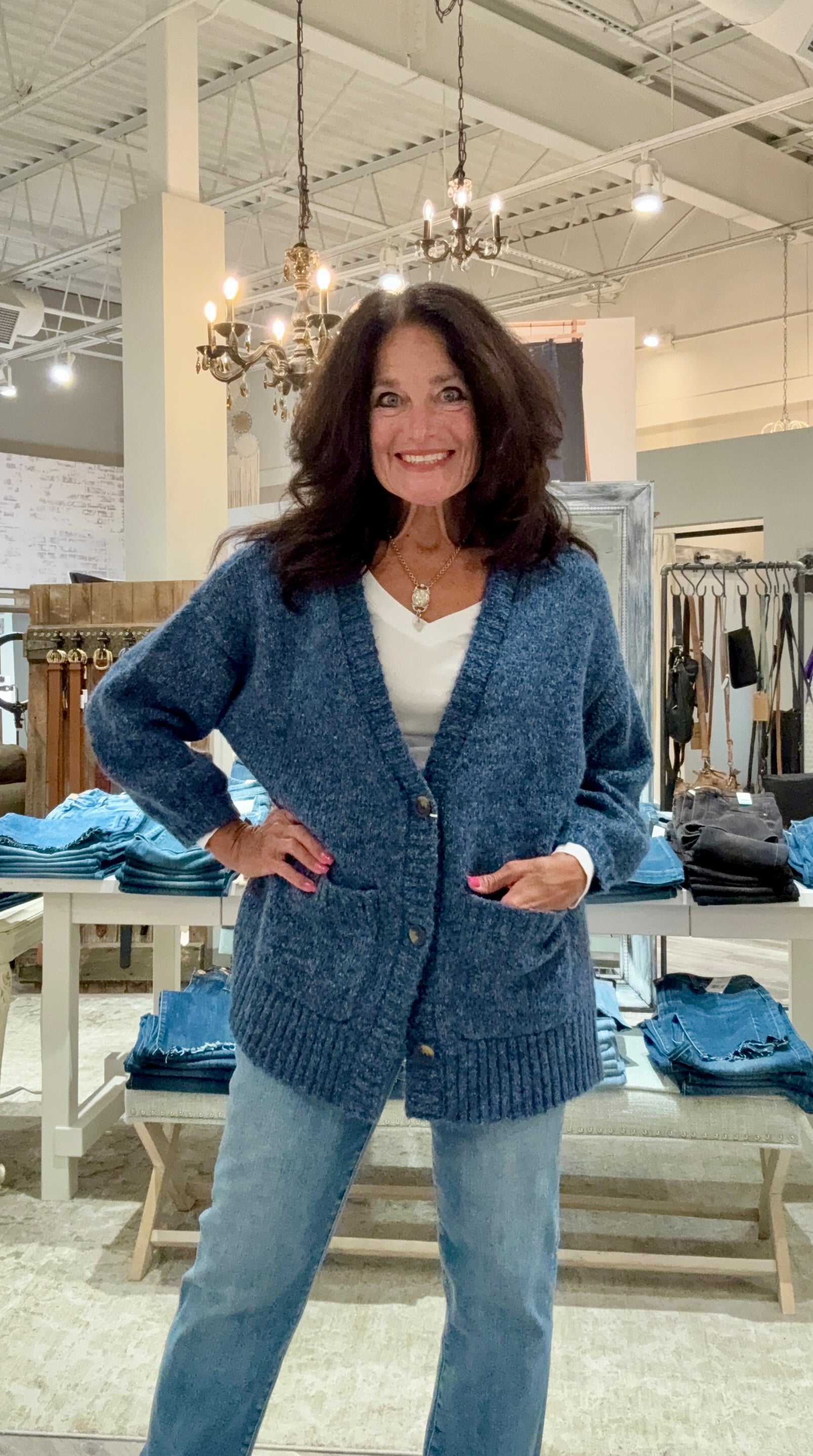 Oversize Puff Sleeve Sweater Cardigan- Blueaway