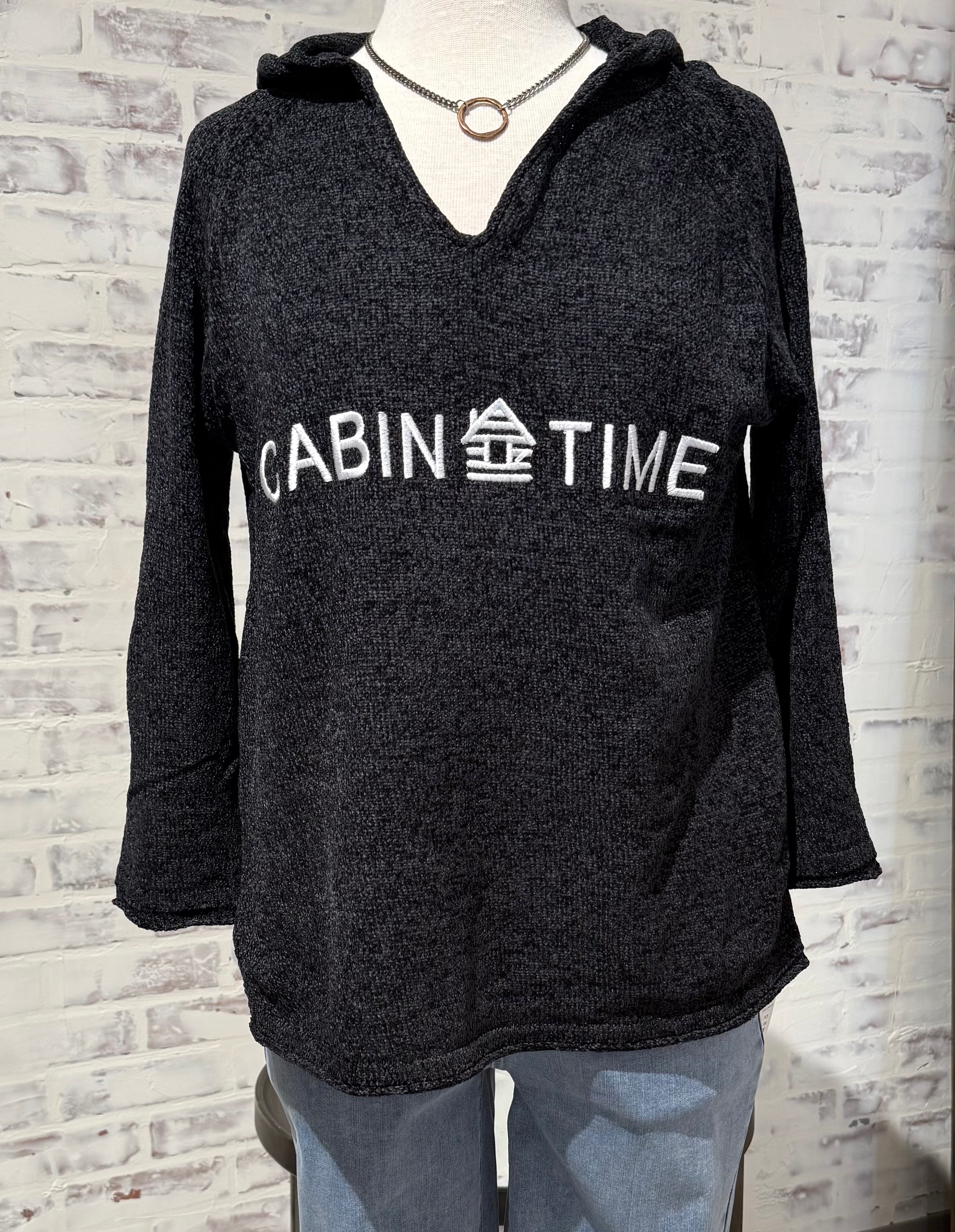 Hoodie Embroidered Sweater- Cabin Time- Black
