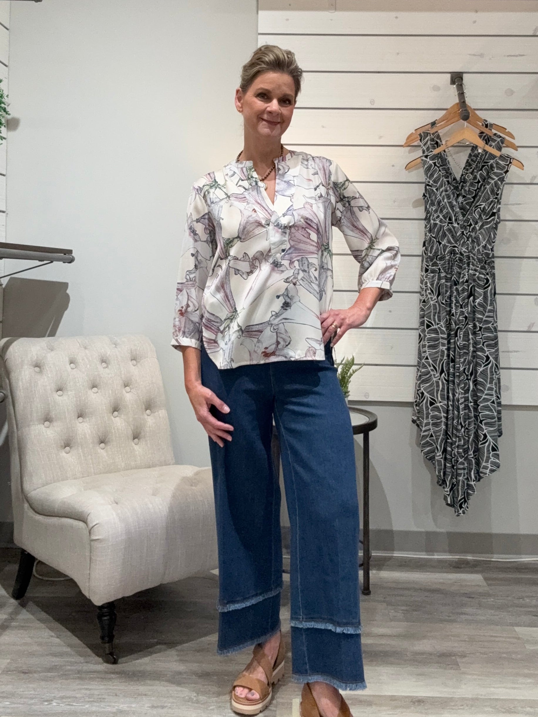 Yola Pull On Blouse with Fringe High Waist Wide Leg Crop