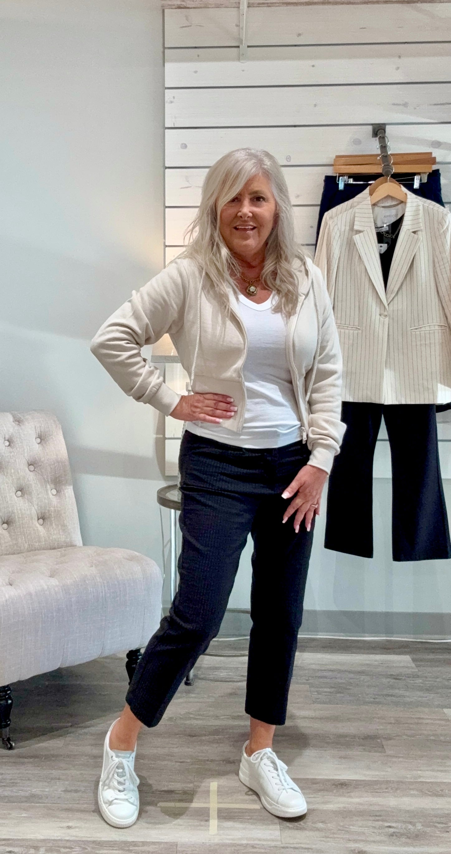 Fleece Relaxed Fit Cropped 2-Way Zip Up Hoodie- beige