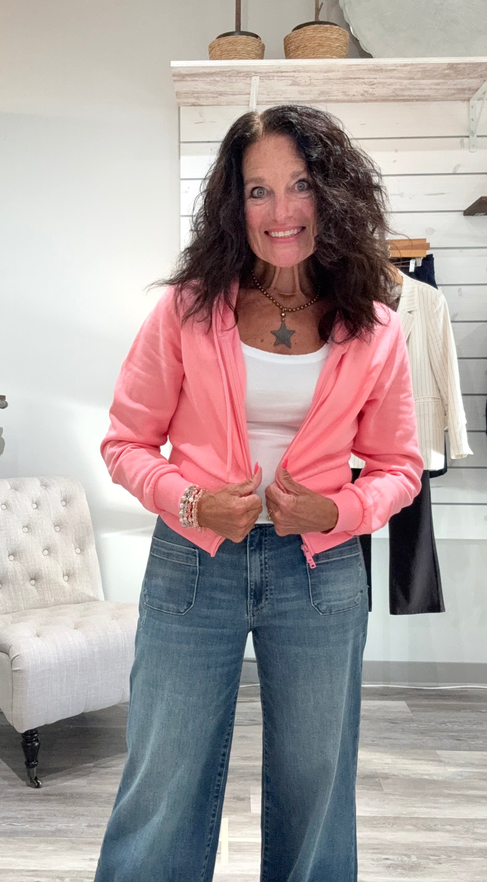 Fleece Relaxed Fit Cropped 2-Way Zip Up Hoodie- hot pink