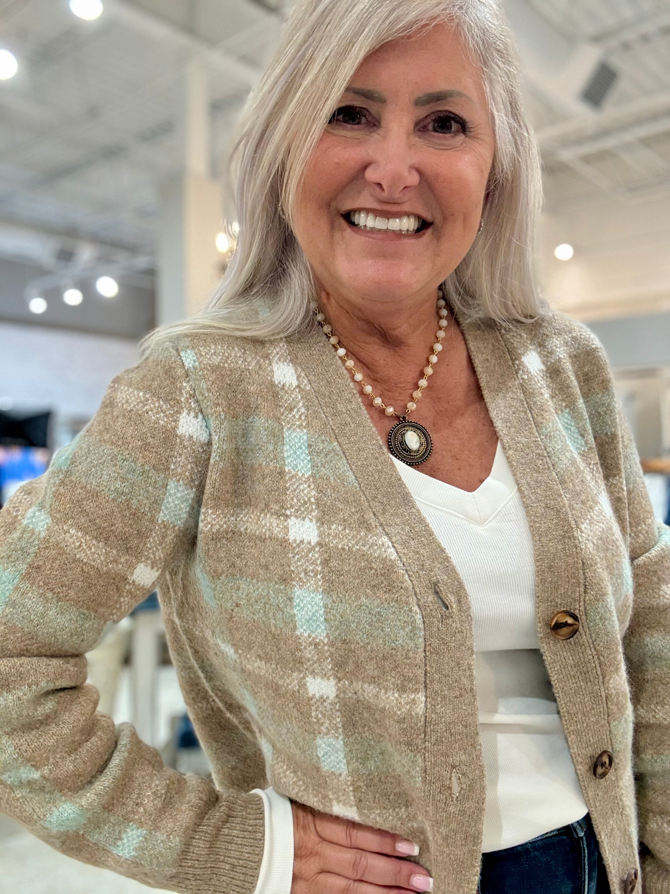 Long Sleeve V-Neck Checkered Button Down Sweater Cardigan