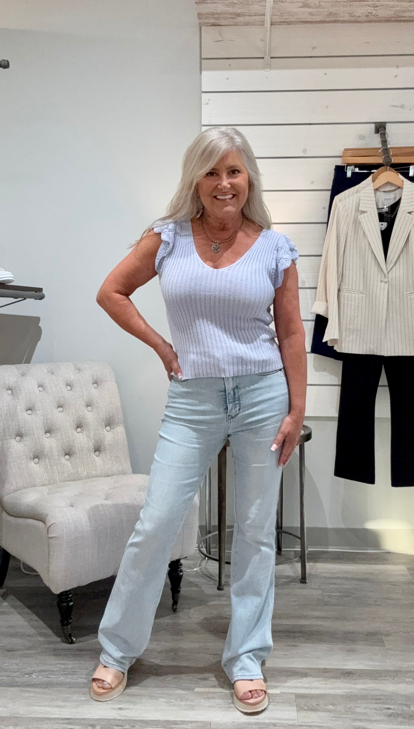 Flutter Crochet Sleeve Sweater- Periwinkle