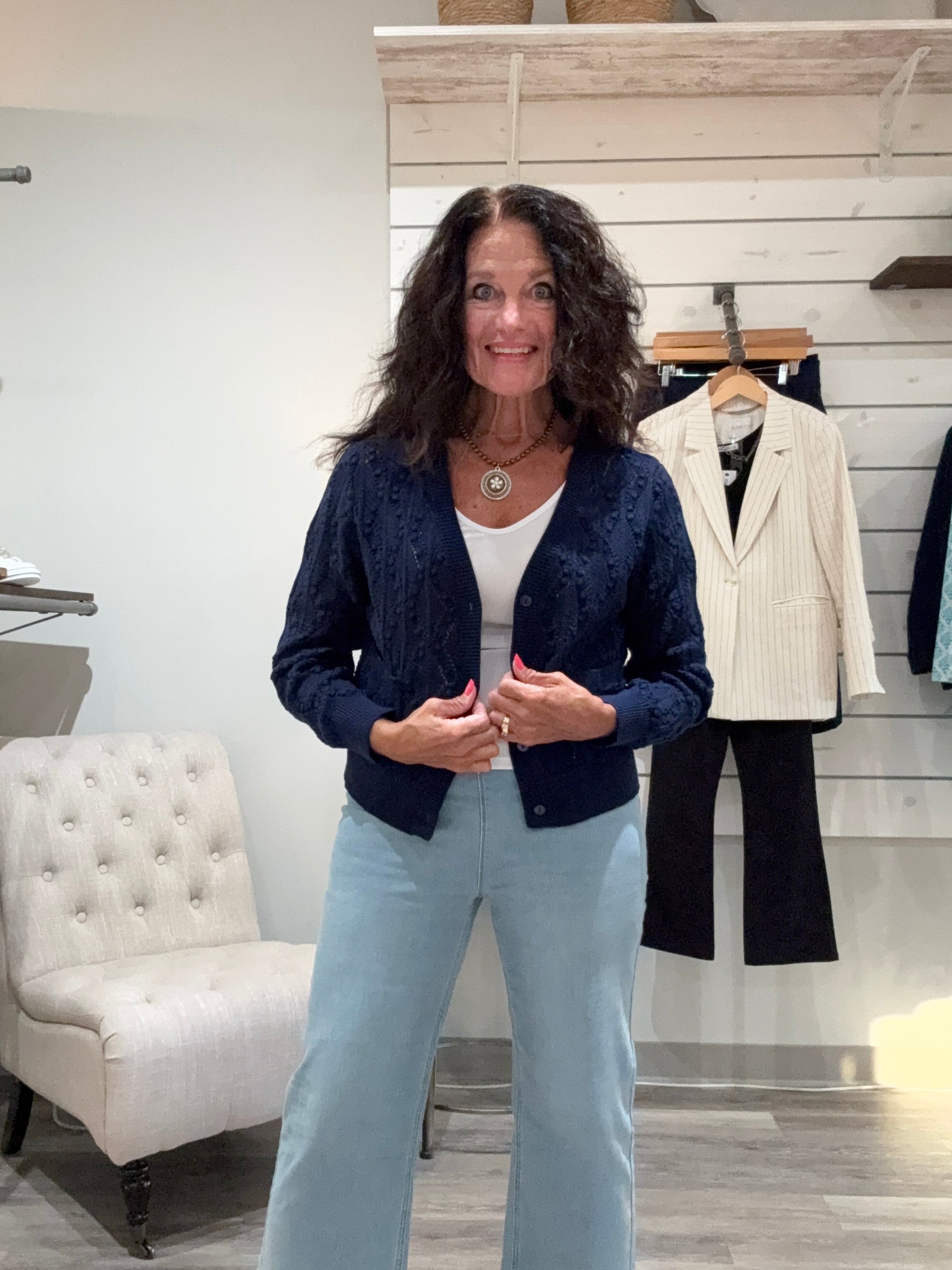 Pointelle Knit Cardi- navy