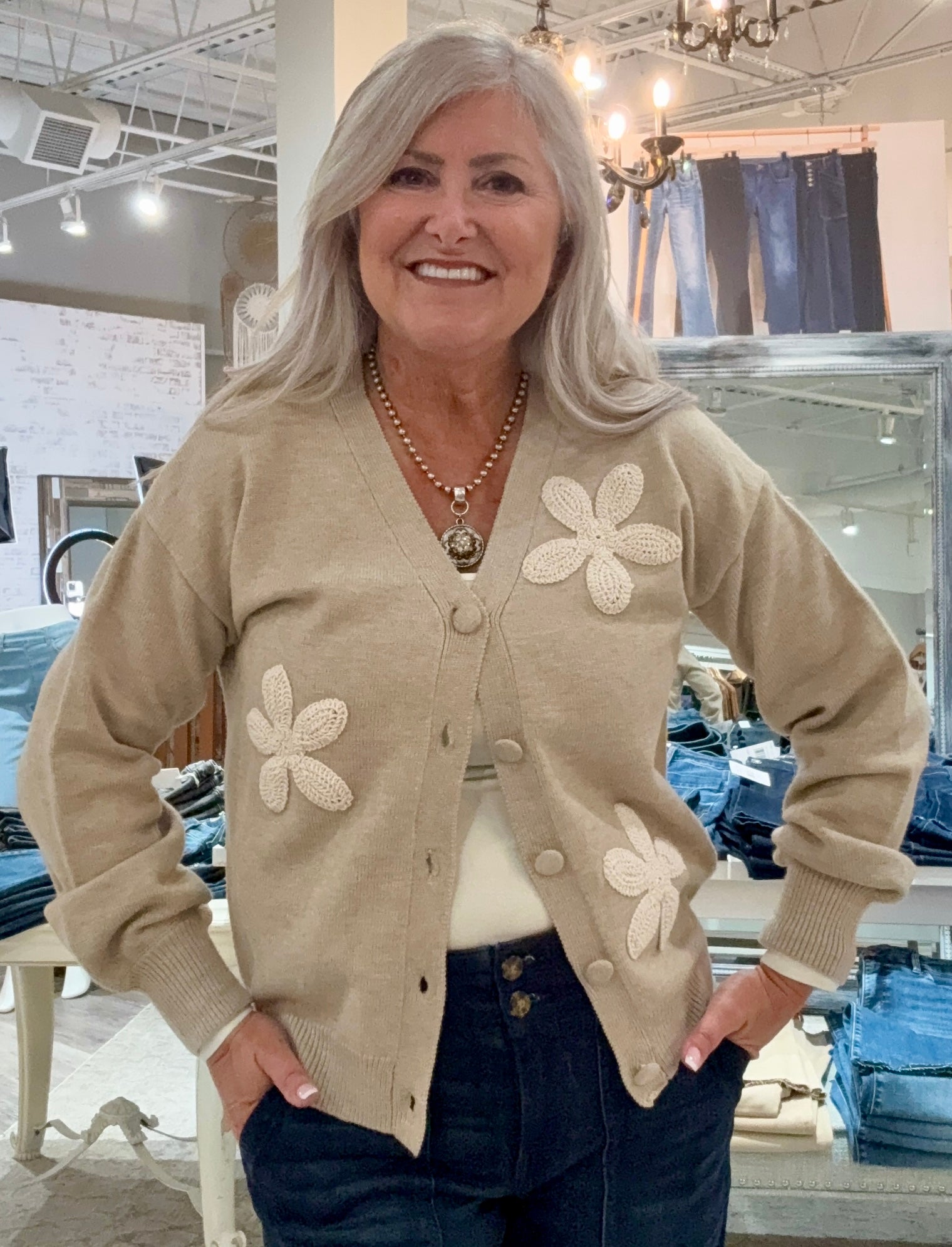 Long Sleeve V-Neck Cardigan with Floral Embroidery