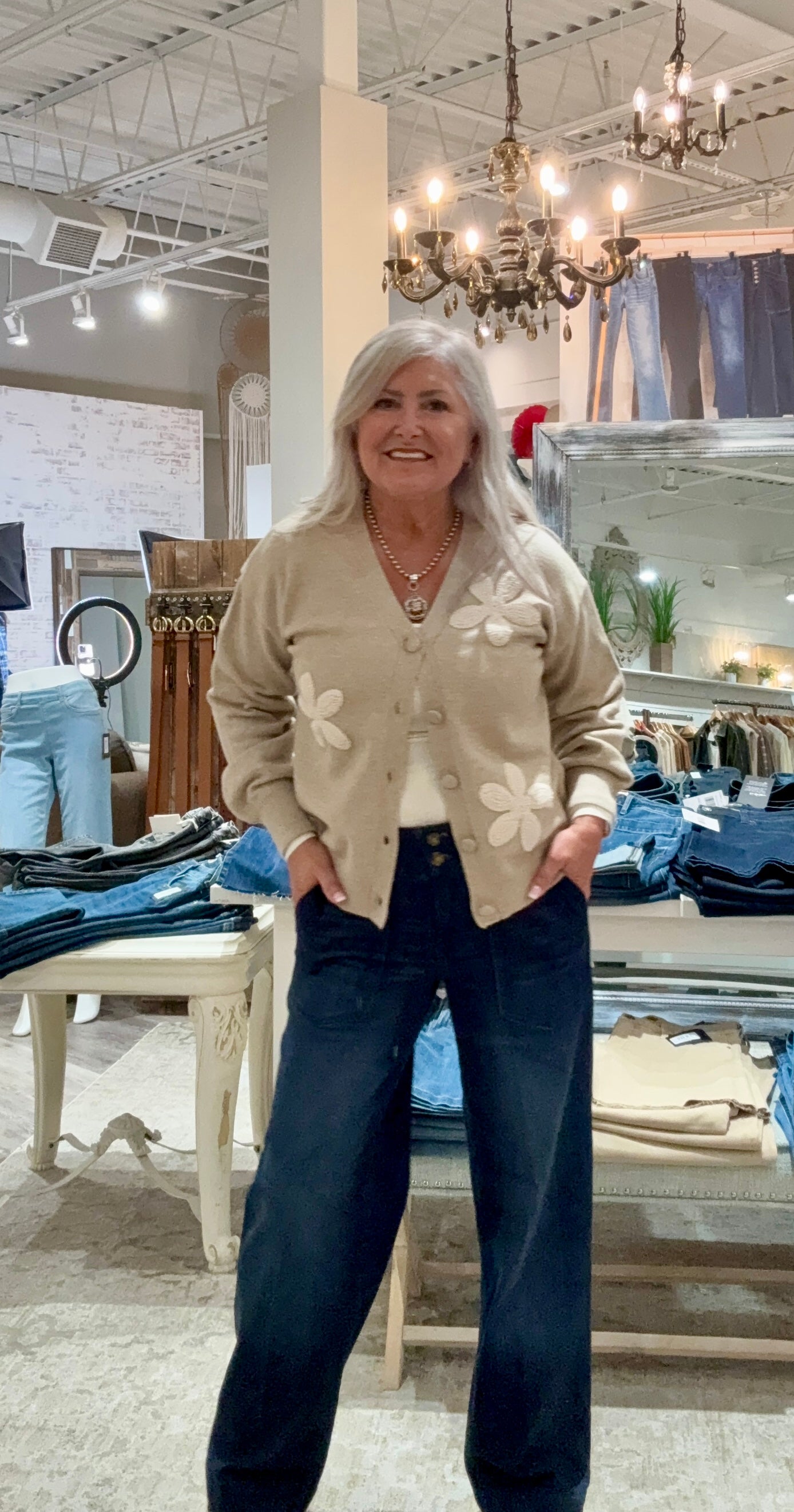 Long Sleeve V-Neck Cardigan with Floral Embroidery