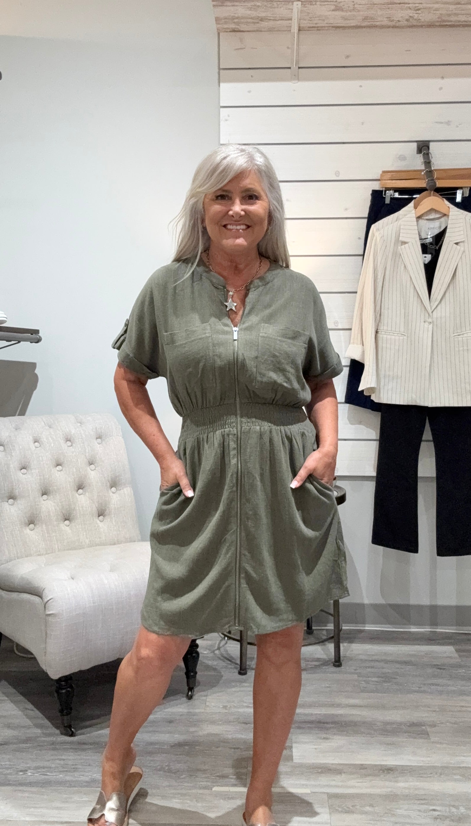 Linen Mix Elastic Waist Dress