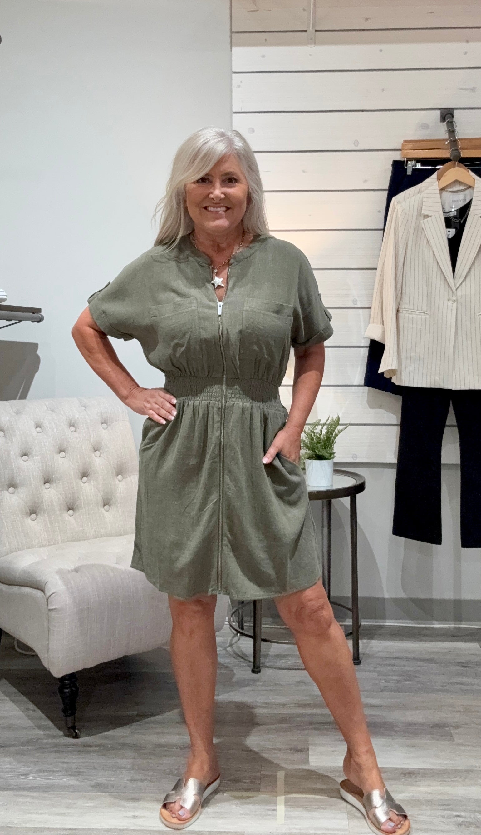 Linen Mix Elastic Waist Dress