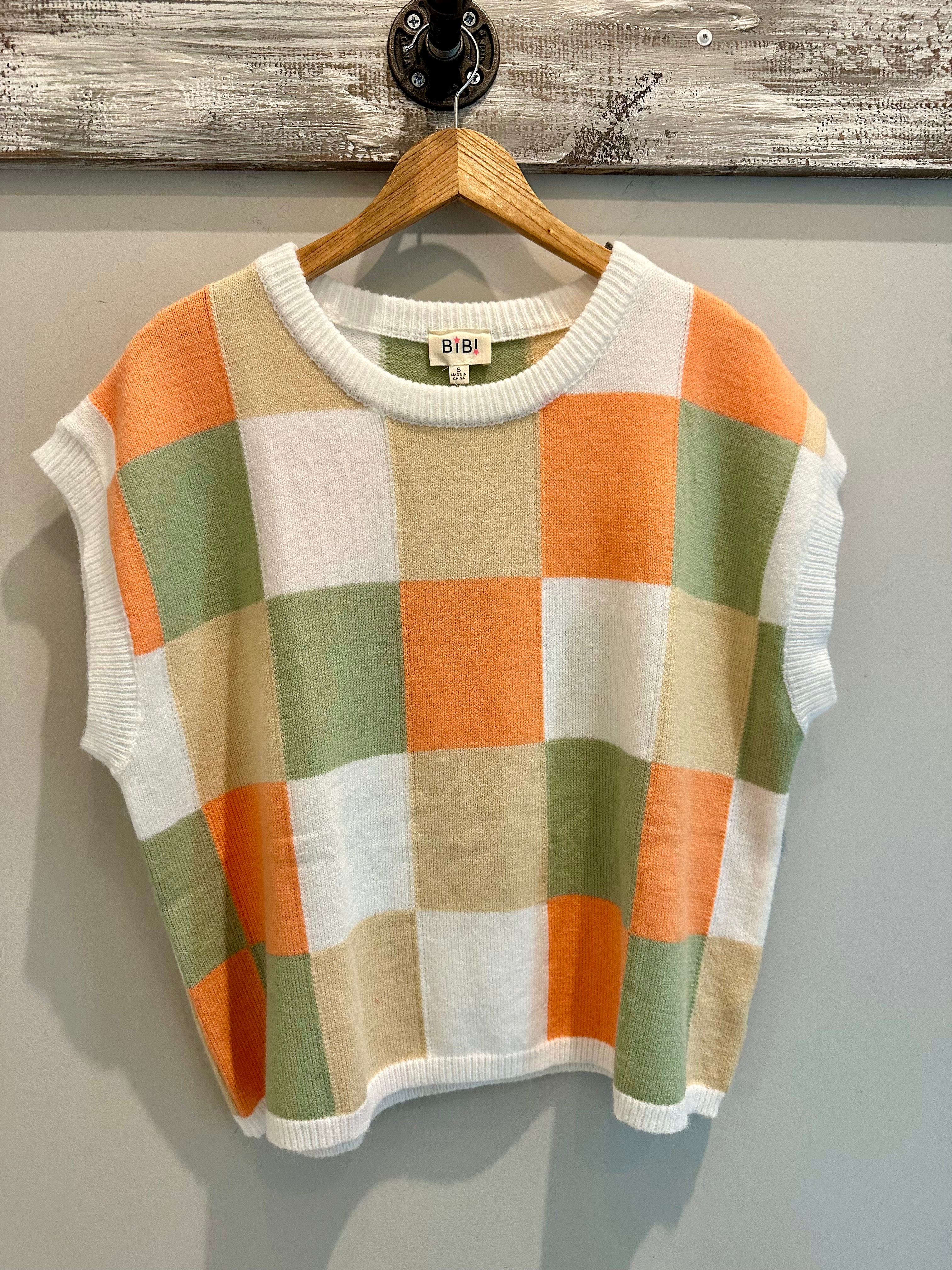 Checker Sweater Vest- Peach/Green