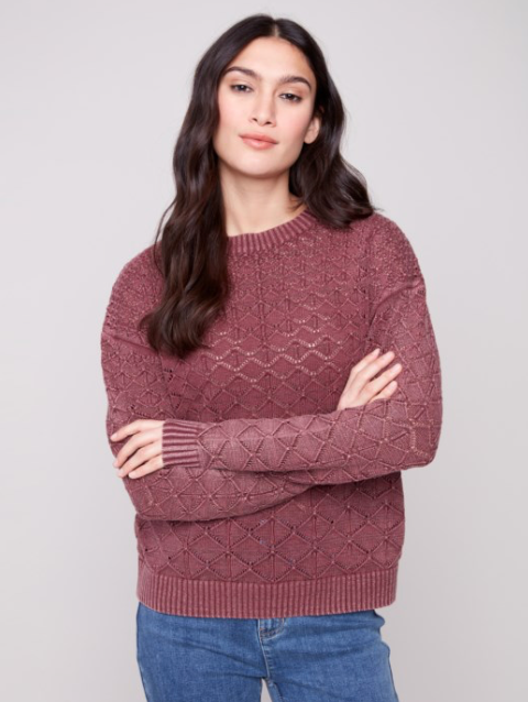 Crew Neck Cold Dye Pointelle Long Sleeves Sweater- Cabernet