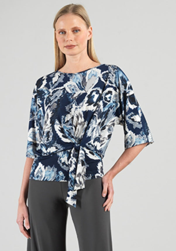 Abstract Floral Soft Knit Side Tie Top with Silver Foil