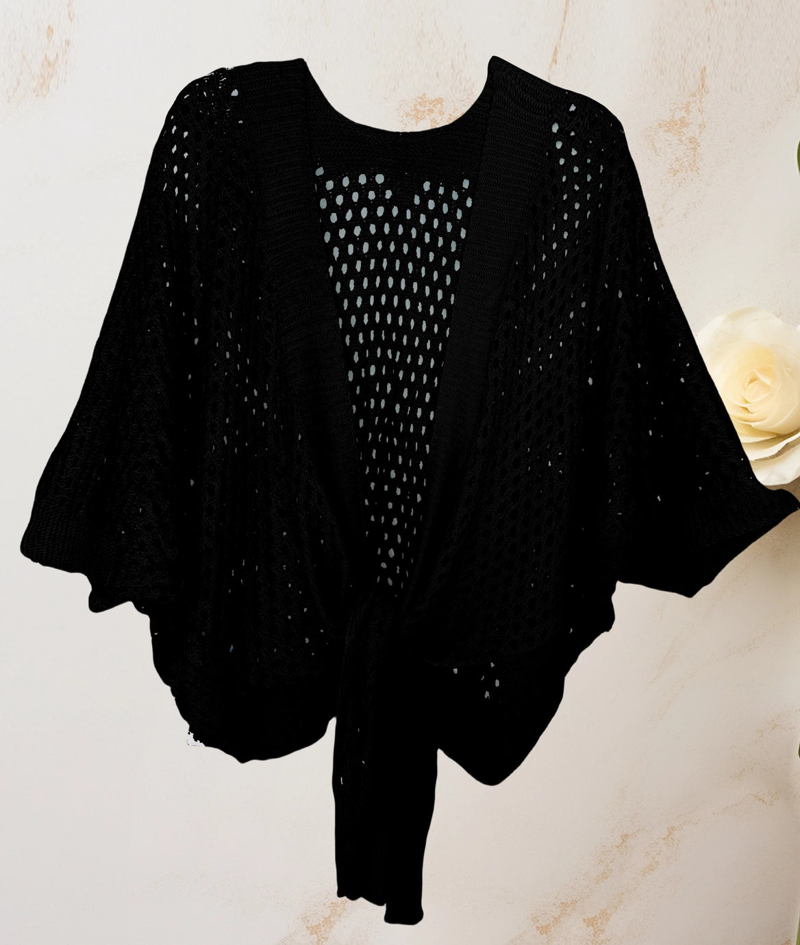 Eyelet Open Knit Metallic Cardigan w Front Tie- Black
