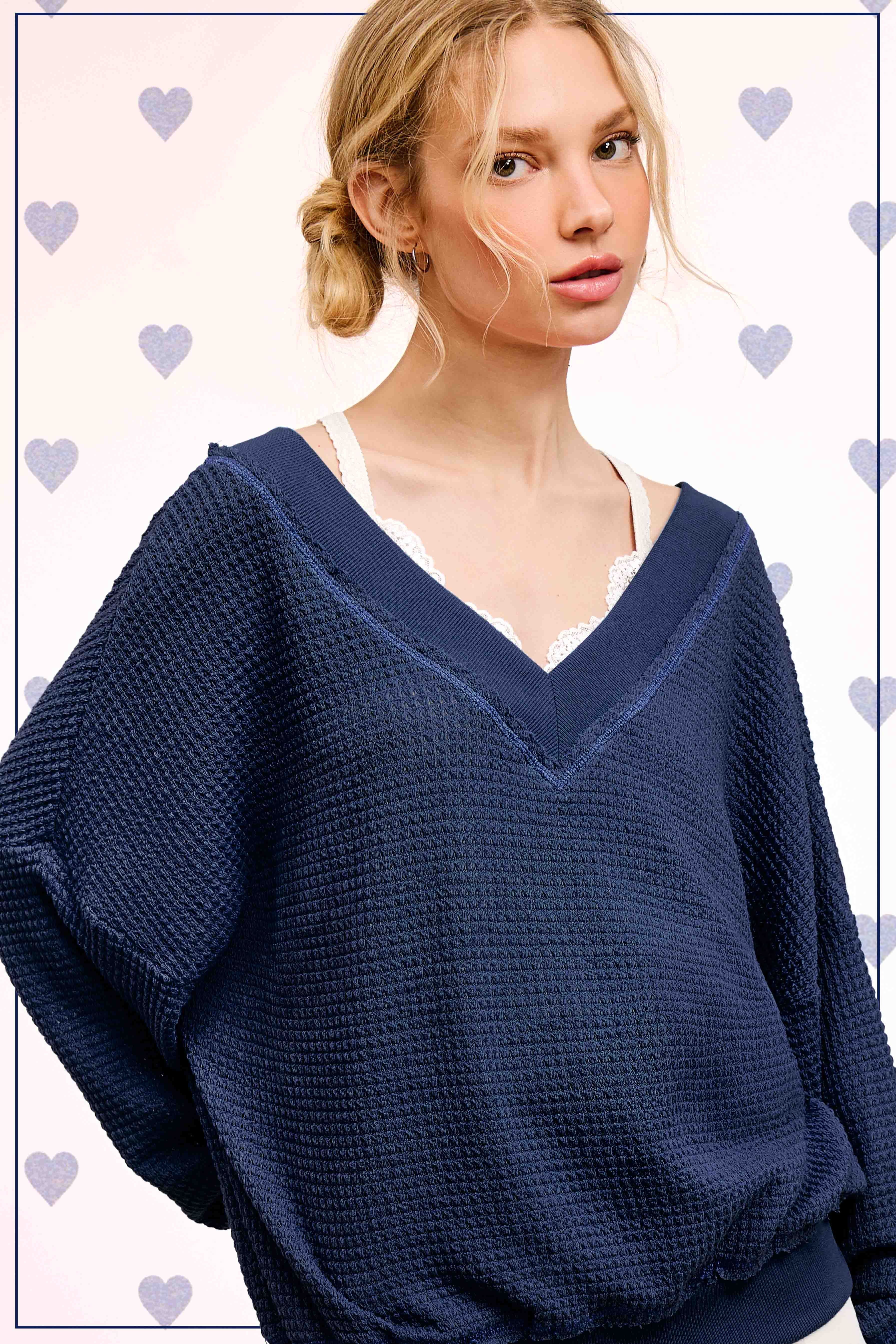 Thermal V Neck Drop Sleeve Sweatshirt- navy