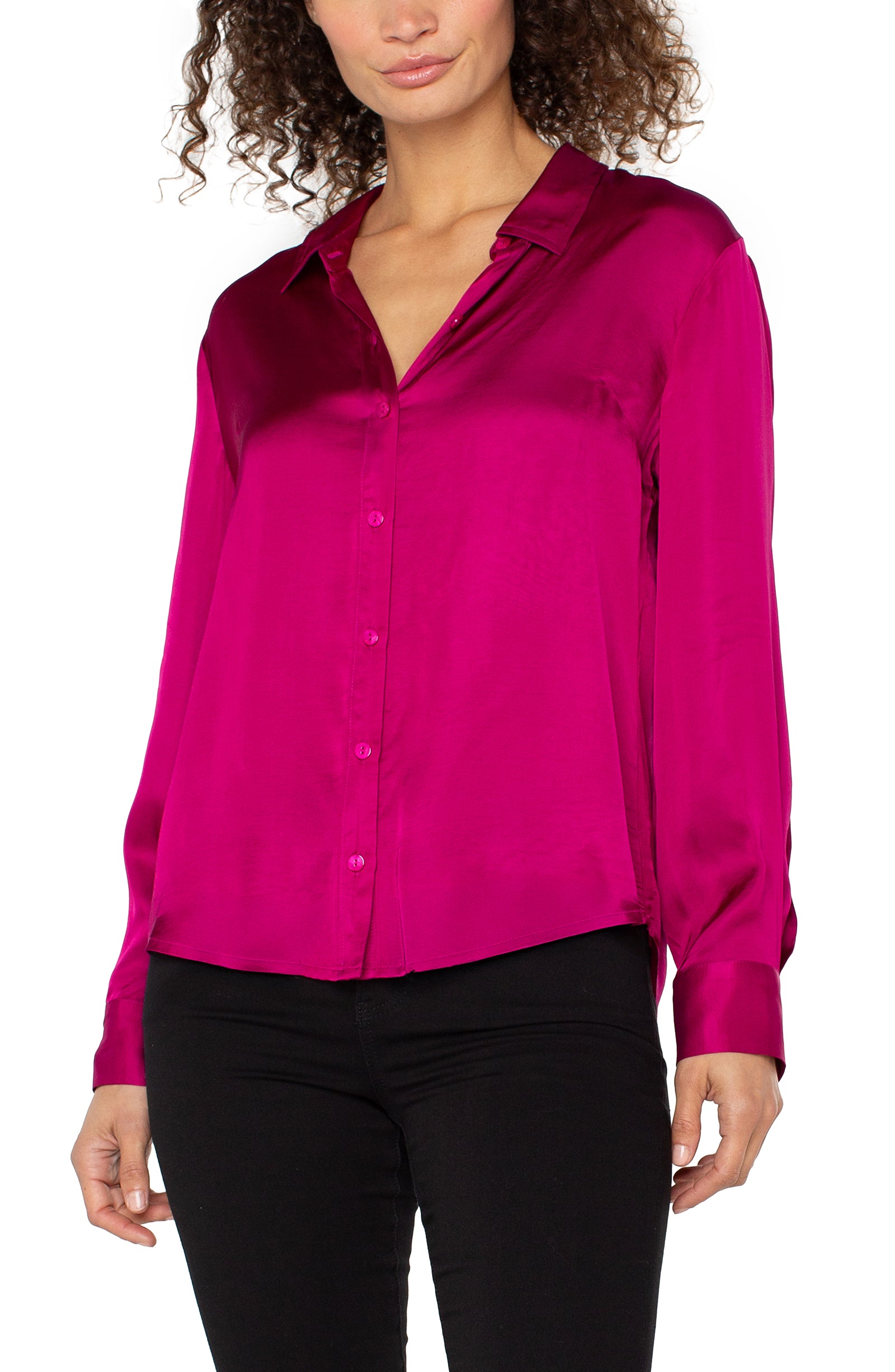 Long Sleeve Button Up Woven Shirt- fuchsia