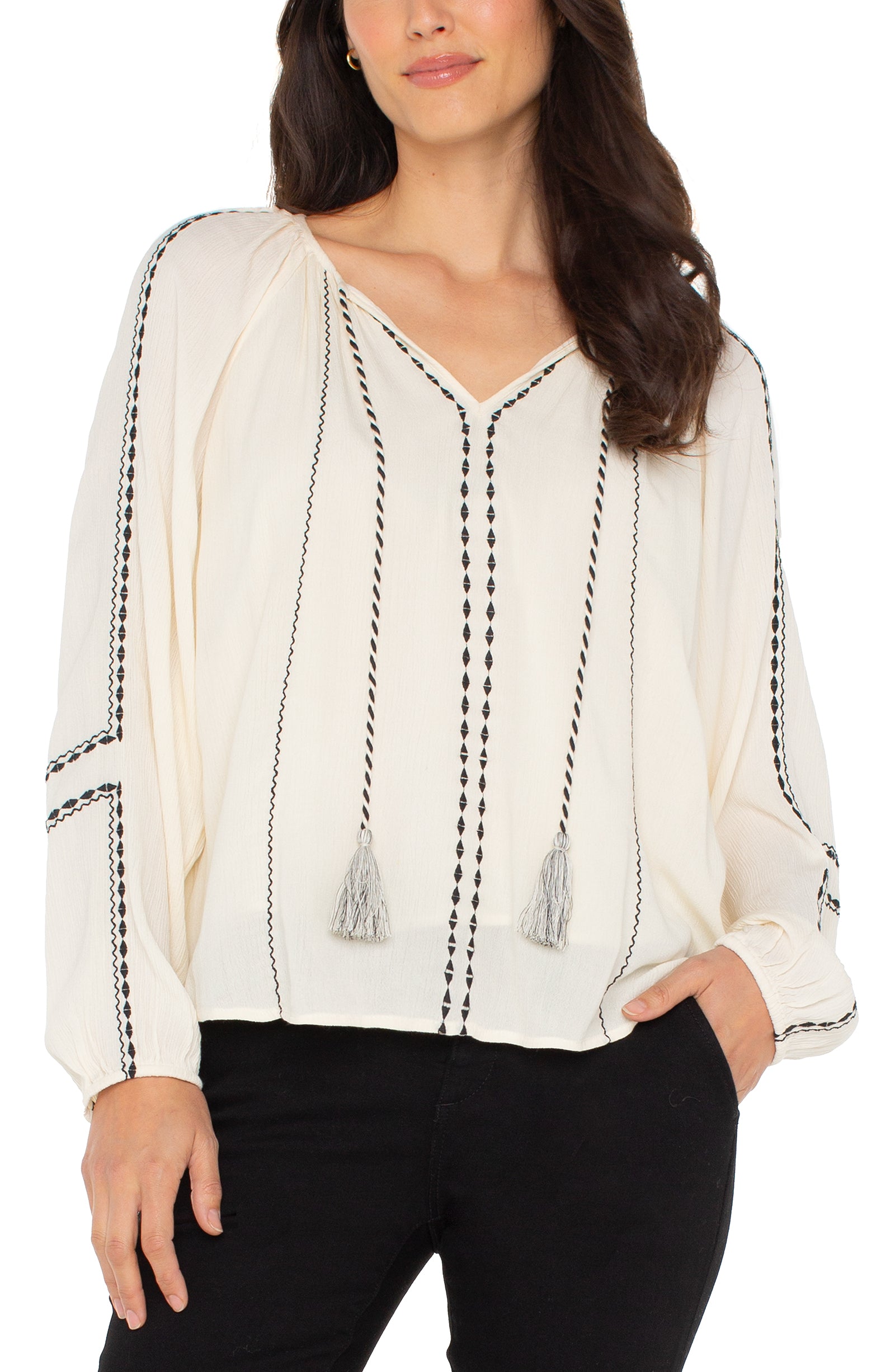 Long Sleeve Woven Raglan Blouse with Embroidery Detail