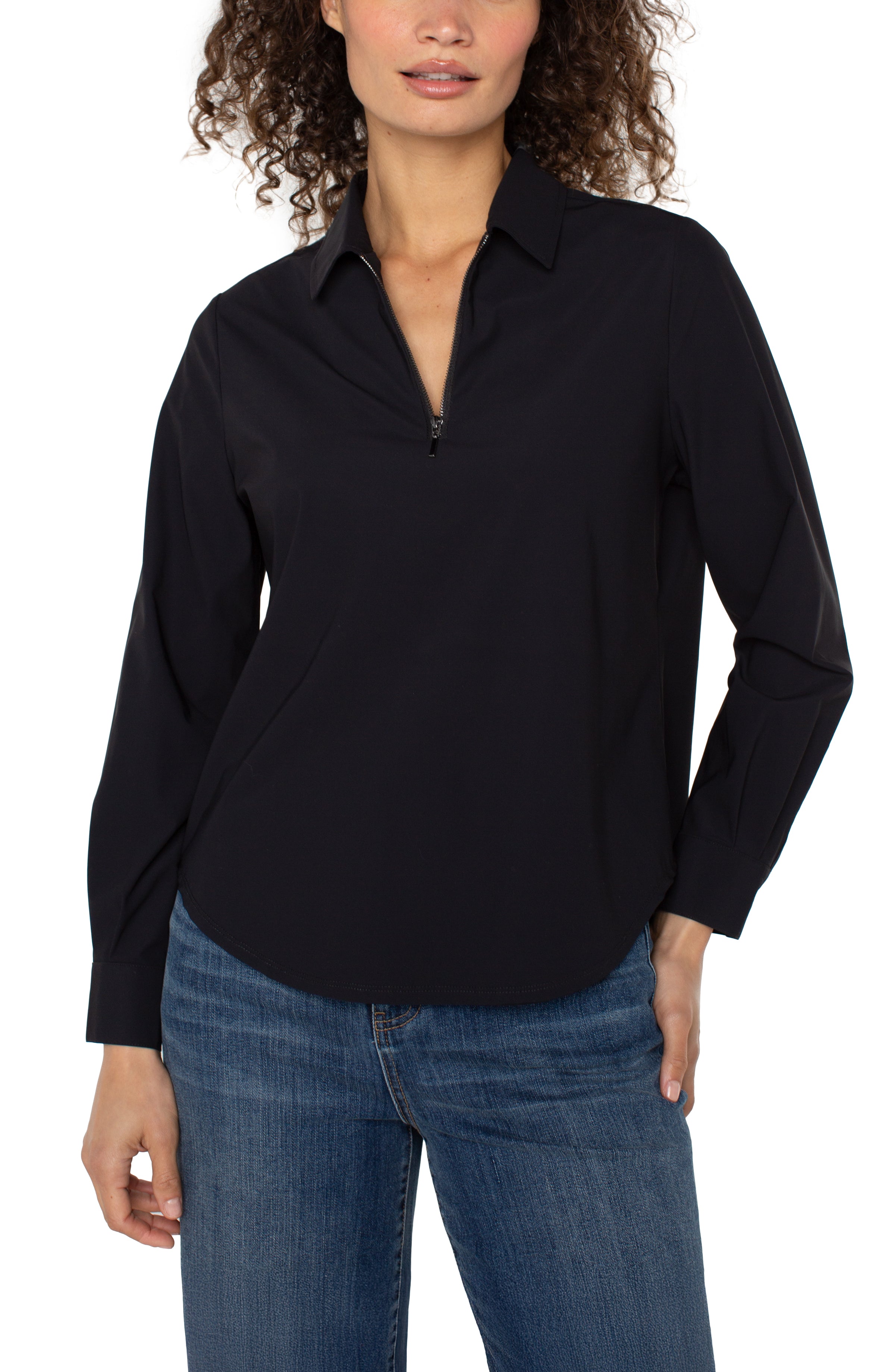 Long Sleeve Collared Zip Front Knit Shirt