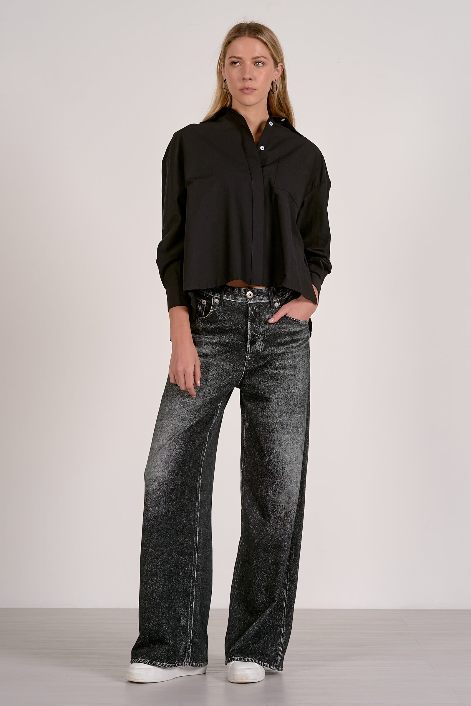 Wide Leg with Elastic Waistband Denim- black
